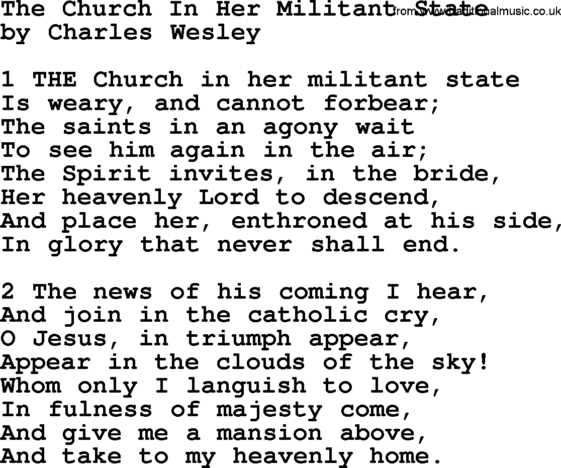 Charles Wesley hymn: The Church In Her Militant State, lyrics
