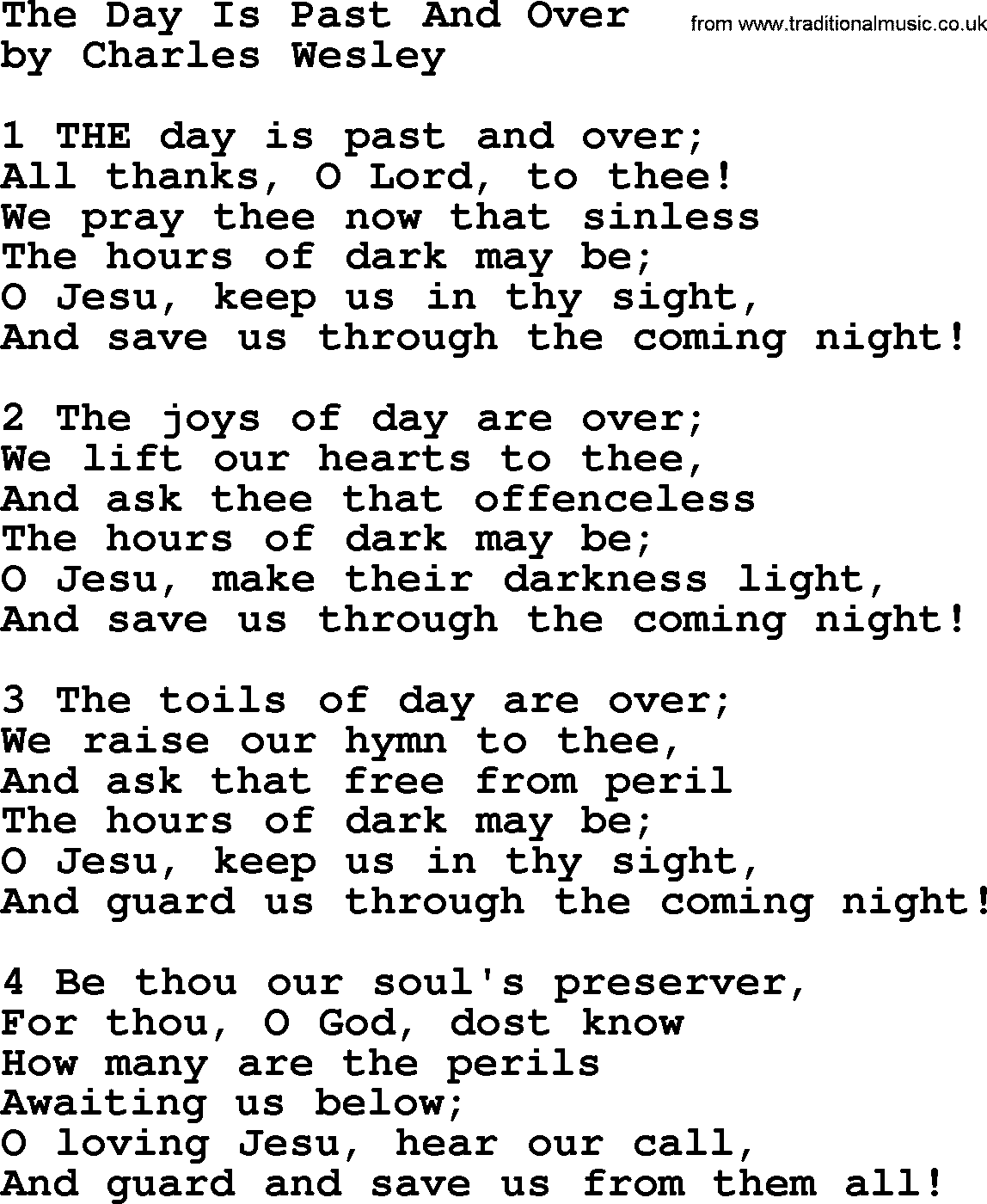 Charles Wesley hymn: The Day Is Past And Over, lyrics