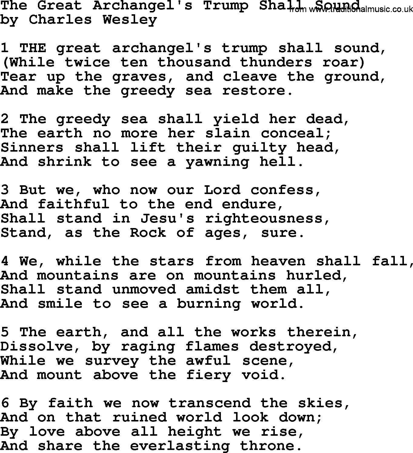Charles Wesley hymn: The Great Archangel's Trump Shall Sound, lyrics