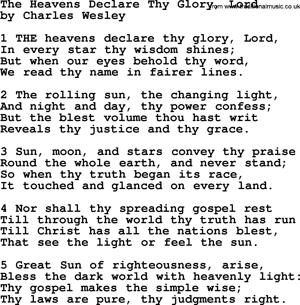 Charles Wesley hymn: The Heavens Declare Thy Glory, Lord, lyrics