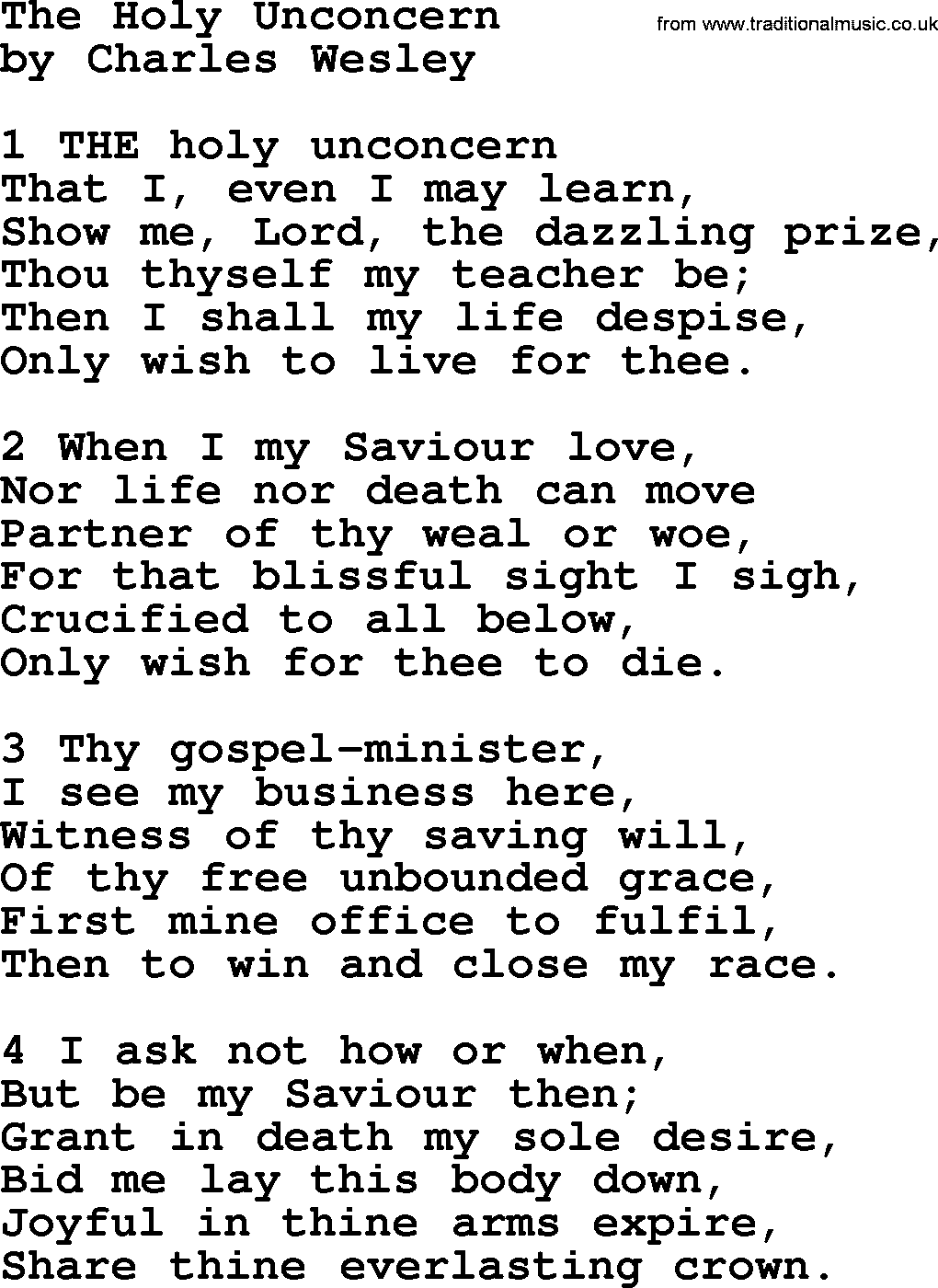 Charles Wesley hymn: The Holy Unconcern, lyrics