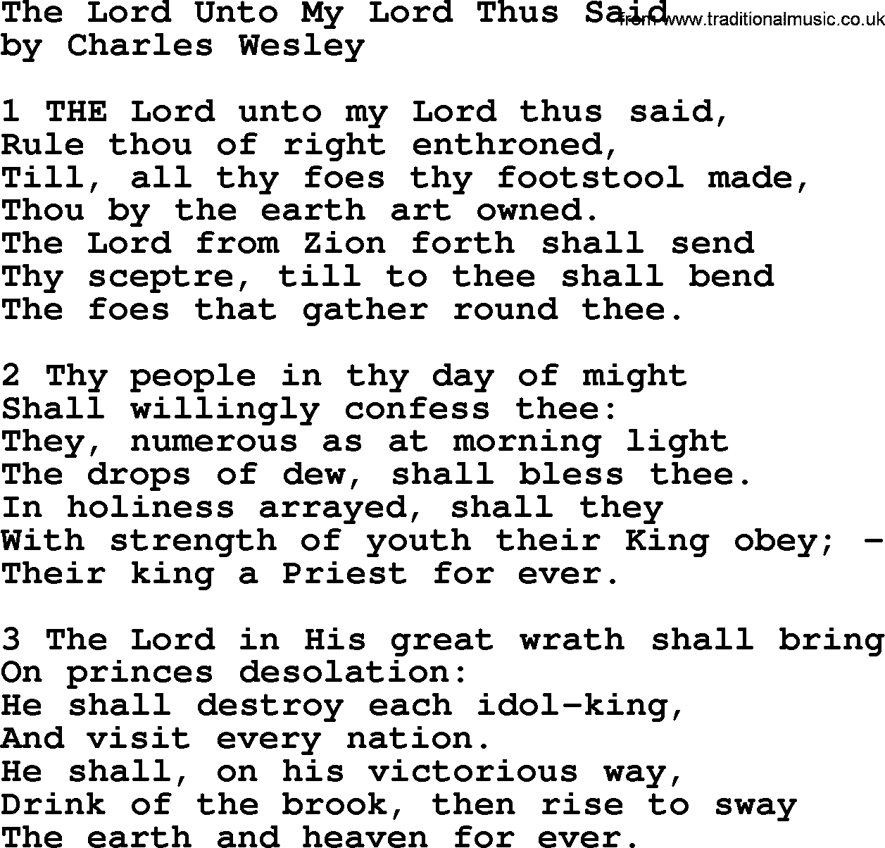 Charles Wesley hymn: The Lord Unto My Lord Thus Said, lyrics