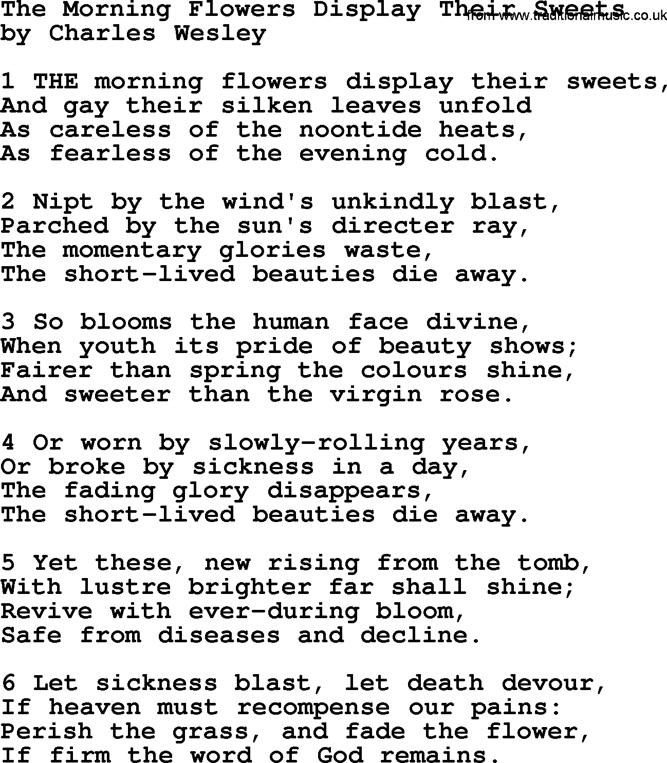 Charles Wesley hymn: The Morning Flowers Display Their Sweets, lyrics