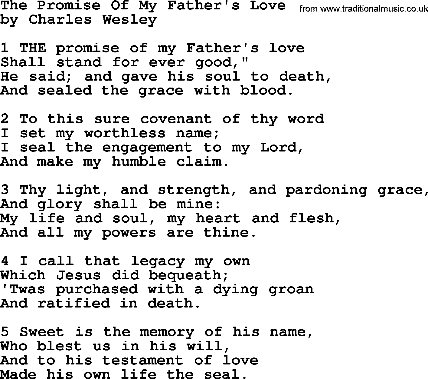 Charles Wesley hymn: The Promise Of My Father's Love, lyrics
