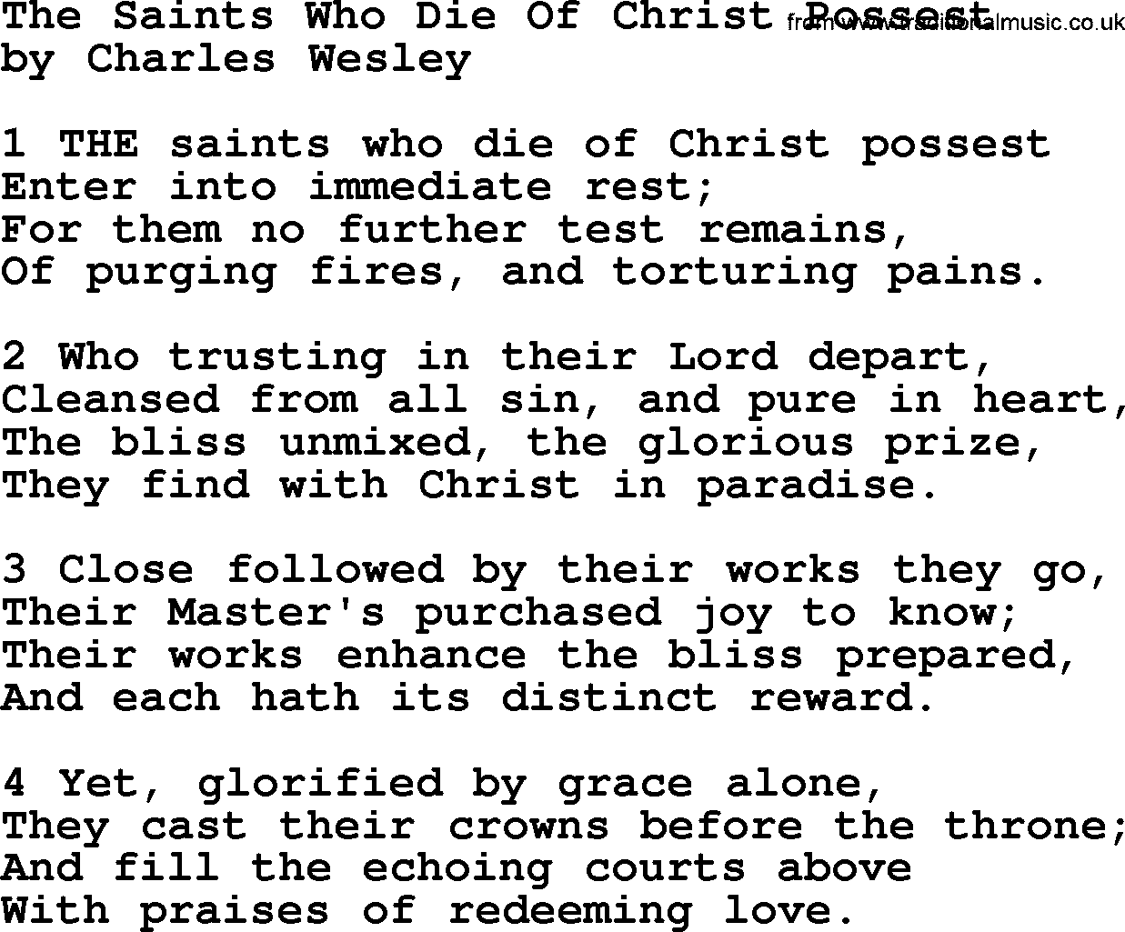 Charles Wesley hymn: The Saints Who Die Of Christ Possest, lyrics