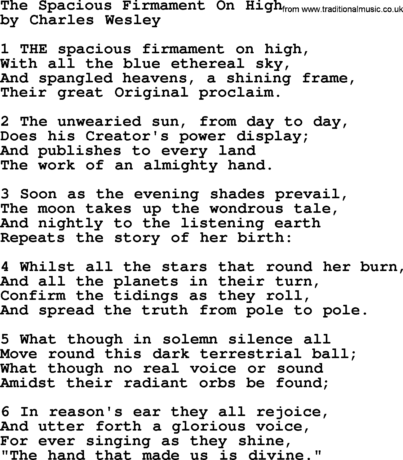 Charles Wesley hymn: The Spacious Firmament On High, lyrics