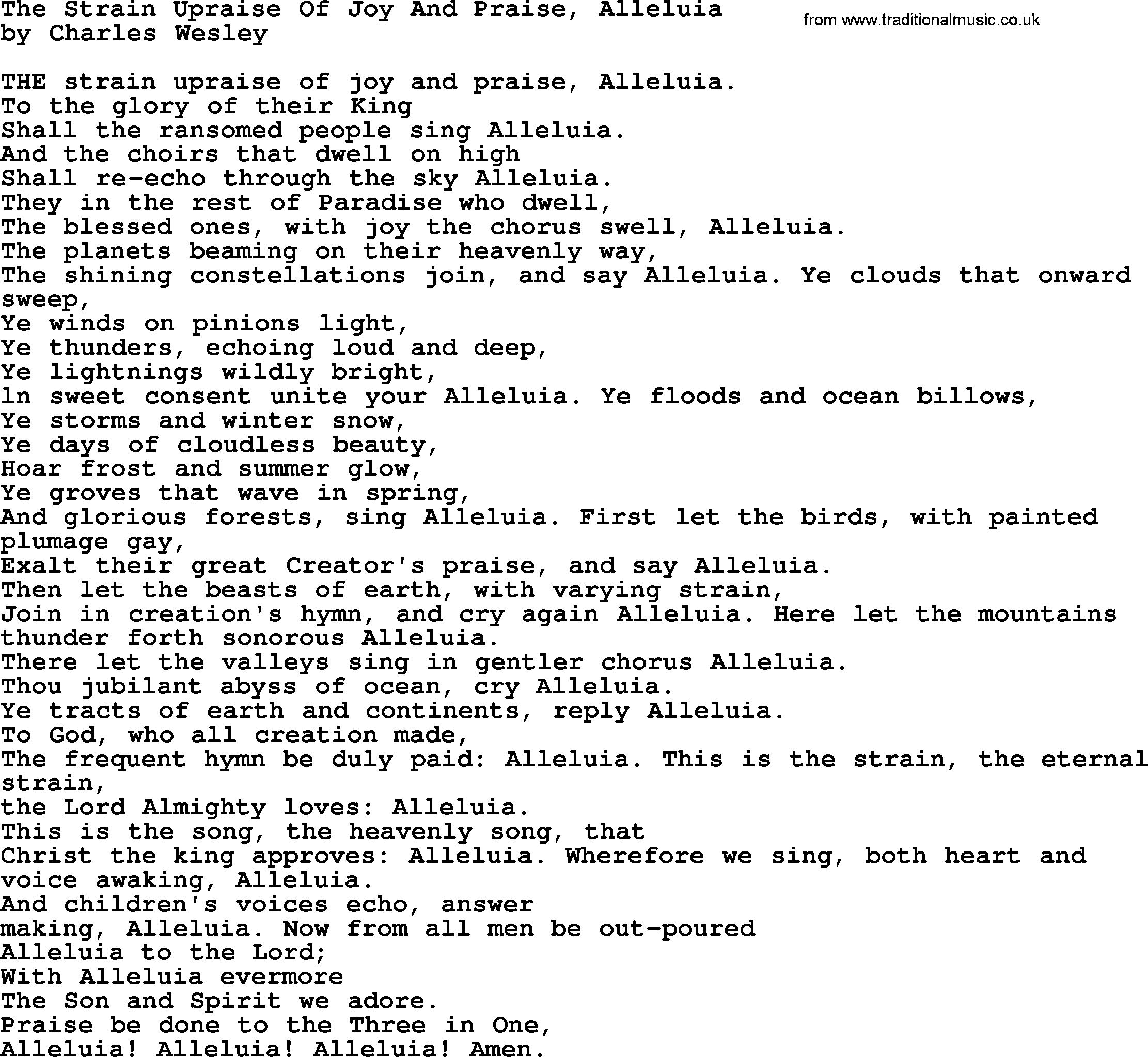 Charles Wesley hymn: The Strain Upraise Of Joy And Praise, Alleluia, lyrics