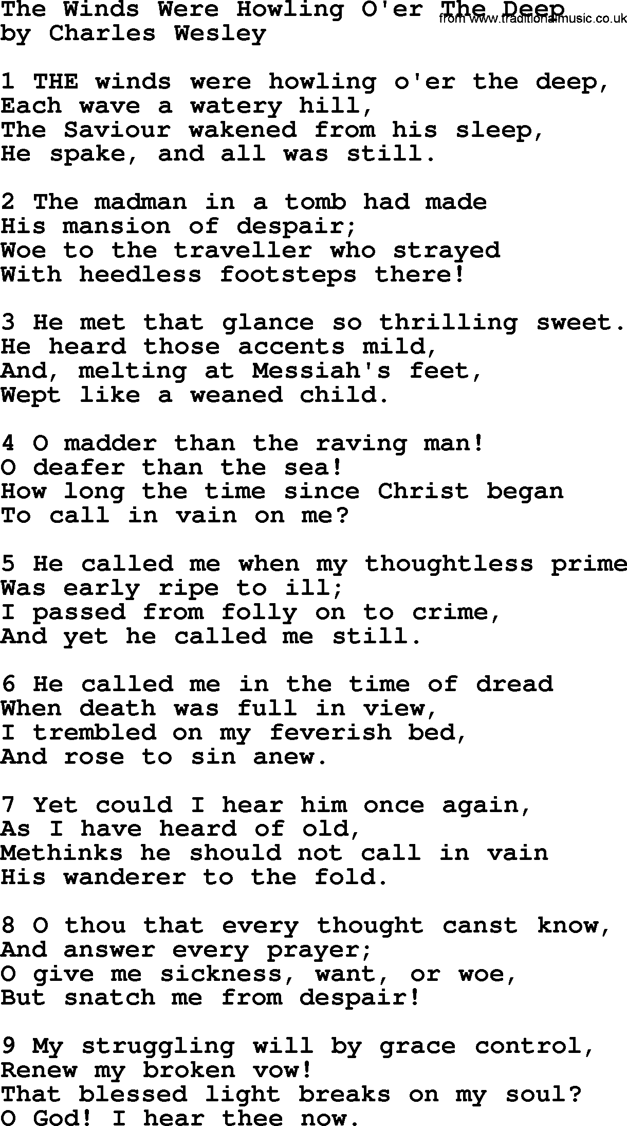 Charles Wesley hymn: The Winds Were Howling O'er The Deep, lyrics