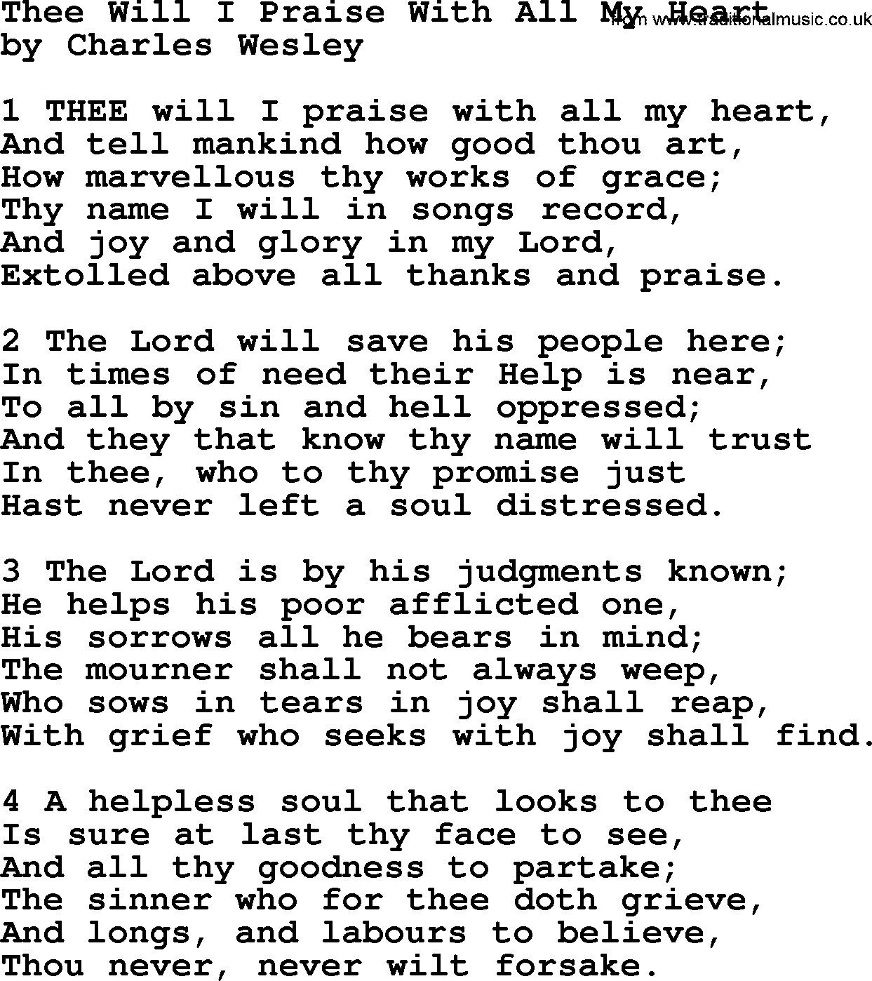 Charles Wesley hymn: Thee Will I Praise With All My Heart, lyrics