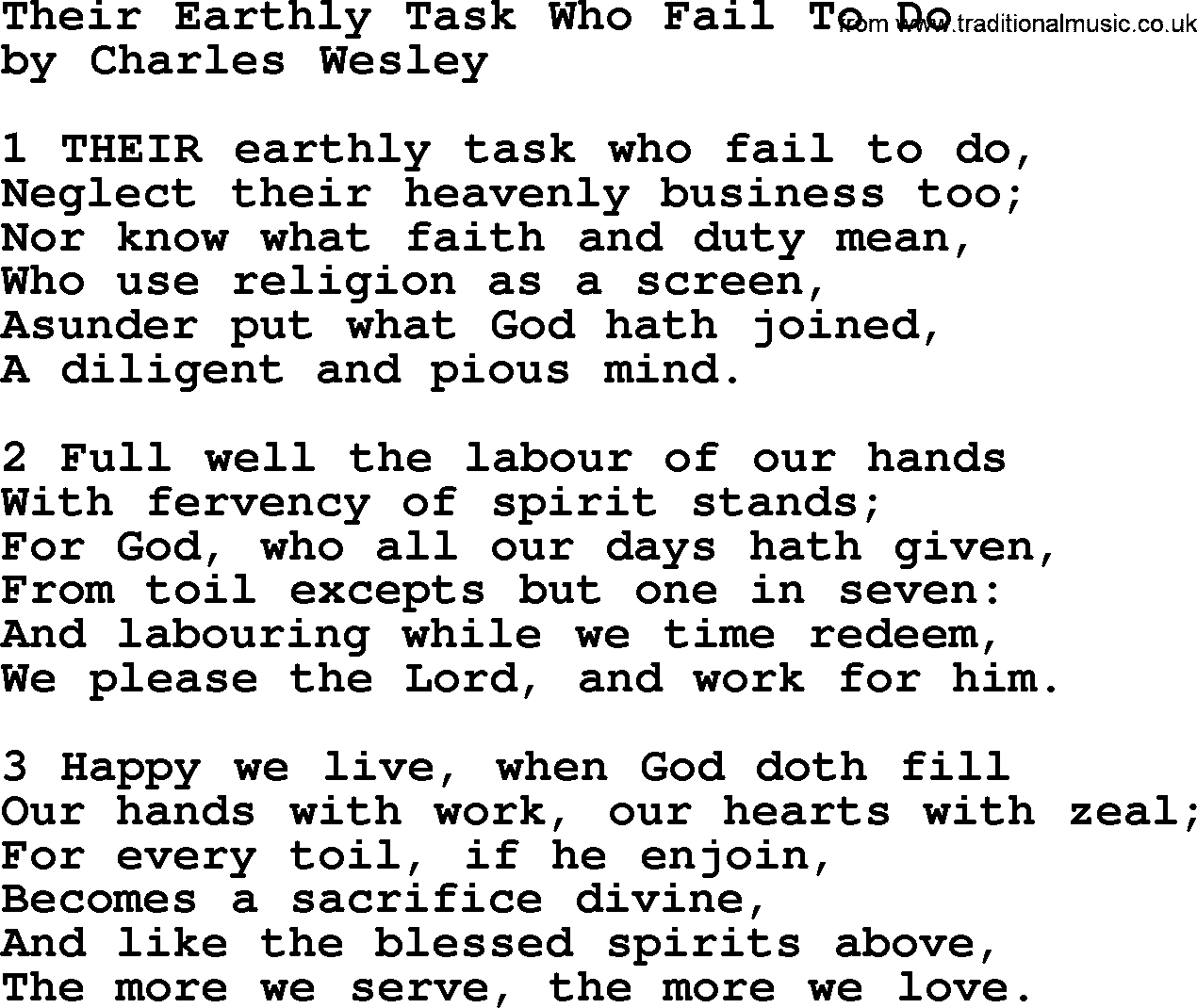 Charles Wesley hymn: Their Earthly Task Who Fail To Do, lyrics