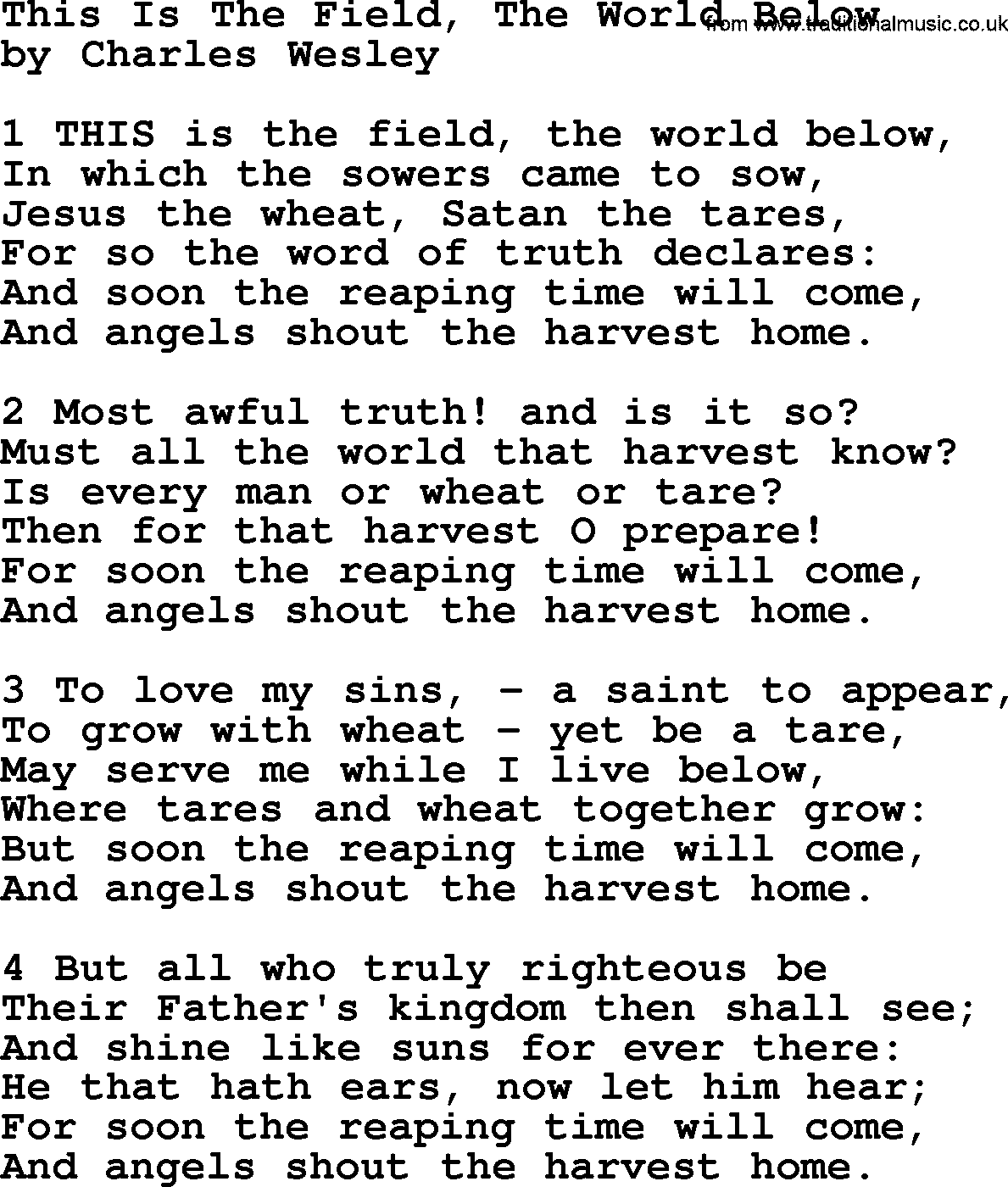 Charles Wesley hymn: This Is The Field, The World Below, lyrics