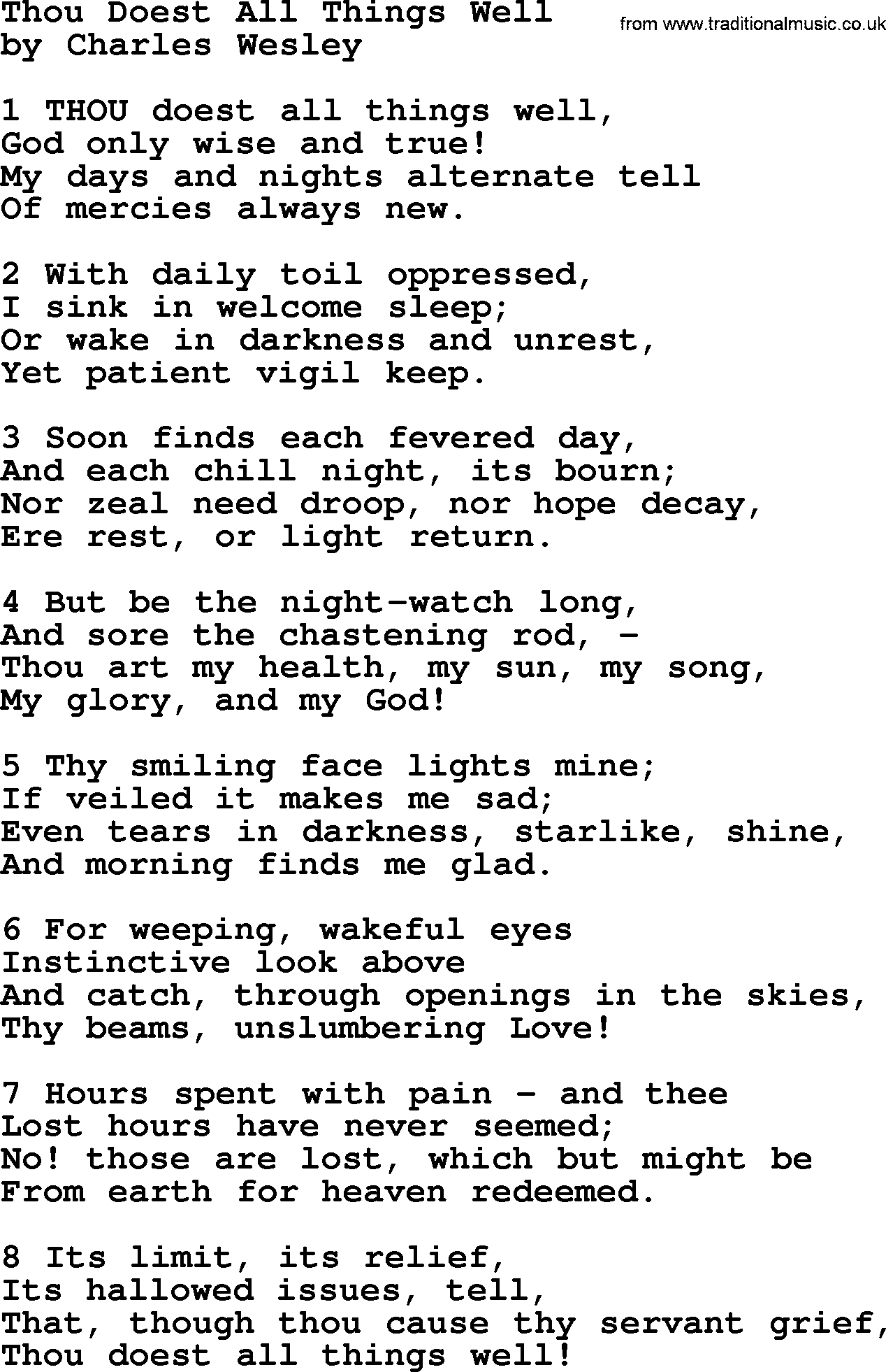 Charles Wesley hymn: Thou Doest All Things Well, lyrics