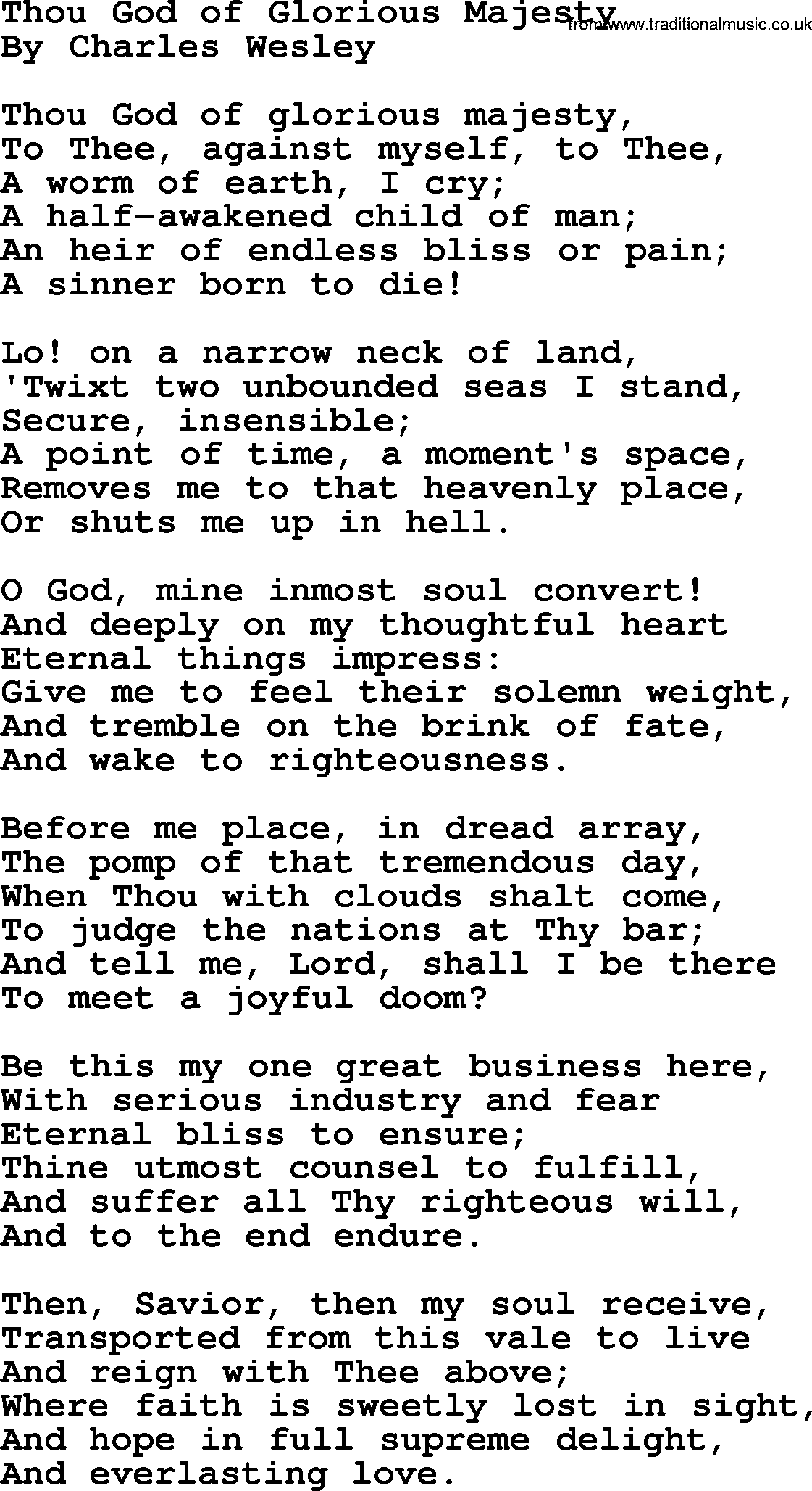 Charles Wesley hymn: Thou God Of Glorious Majesty, lyrics