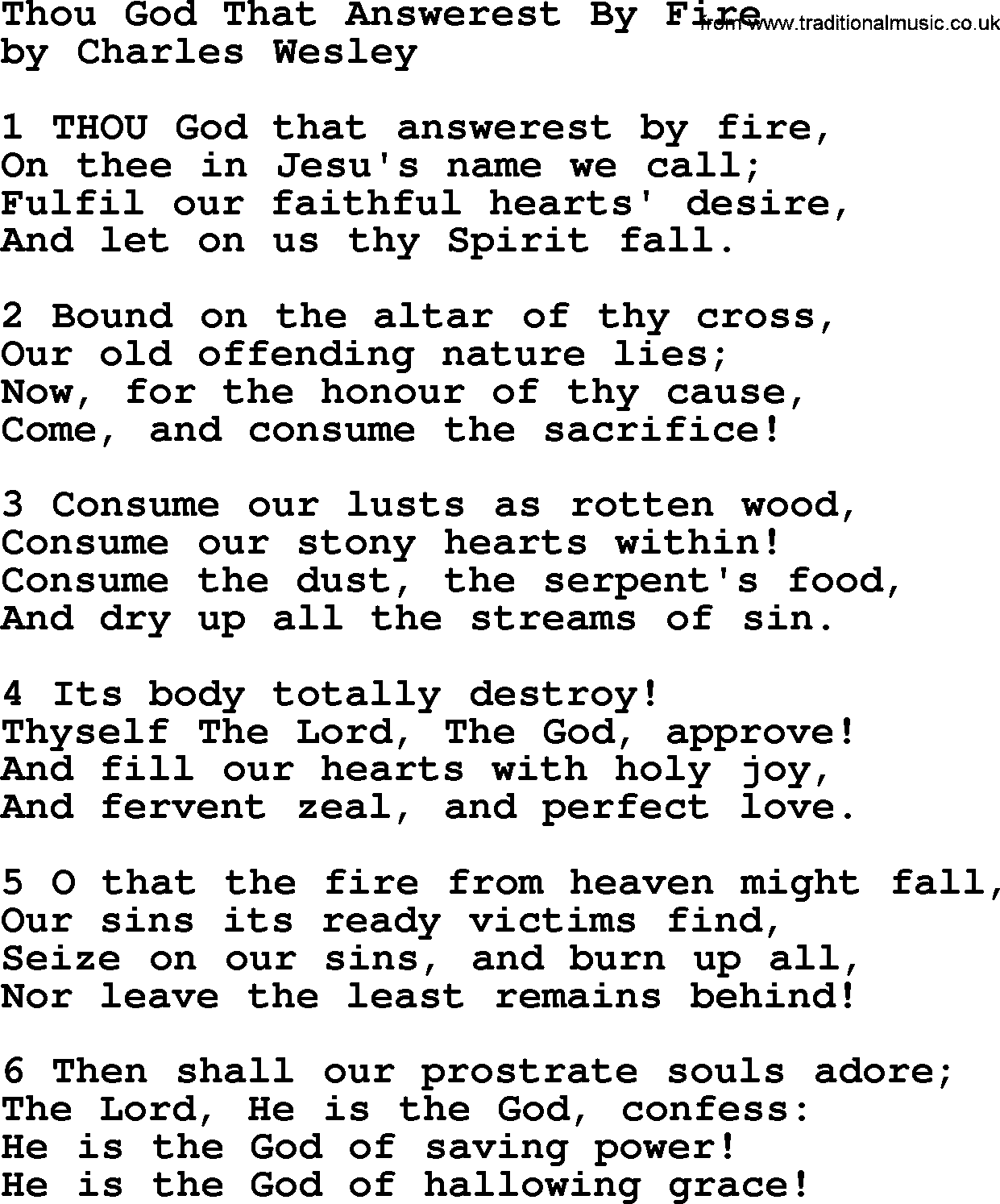 Charles Wesley hymn: Thou God That Answerest By Fire, lyrics