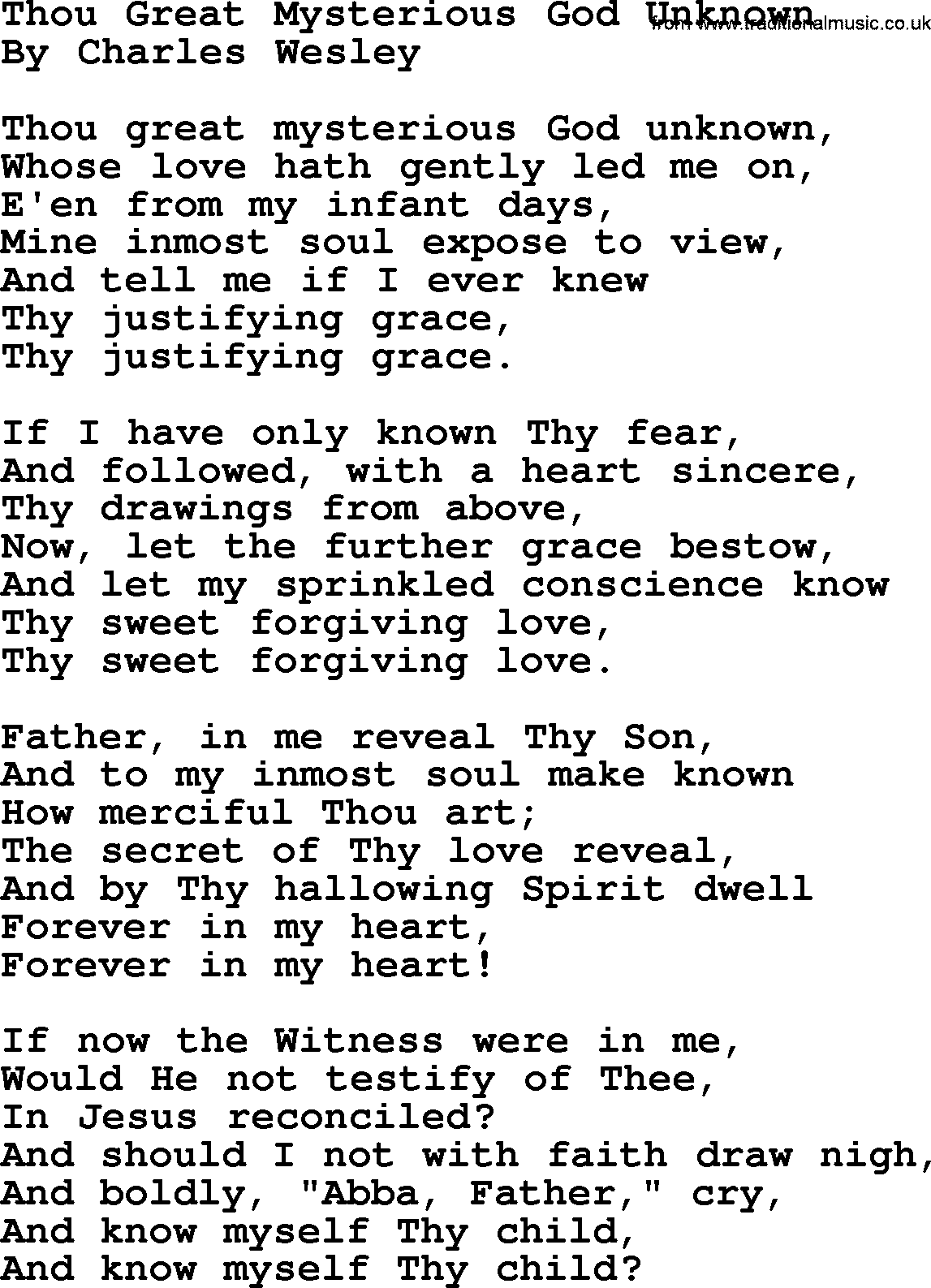 Charles Wesley hymn: Thou Great Mysterious God Unknown, lyrics