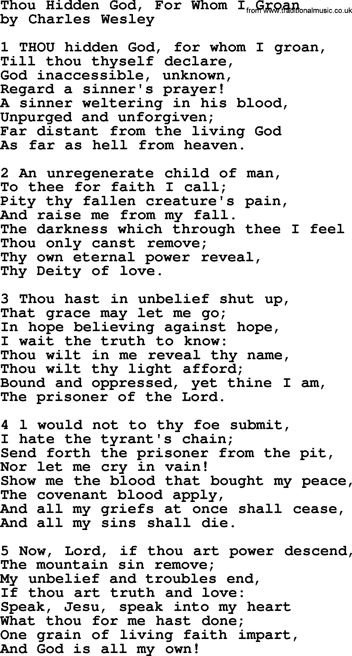 Charles Wesley hymn: Thou Hidden God, For Whom I Groan, lyrics