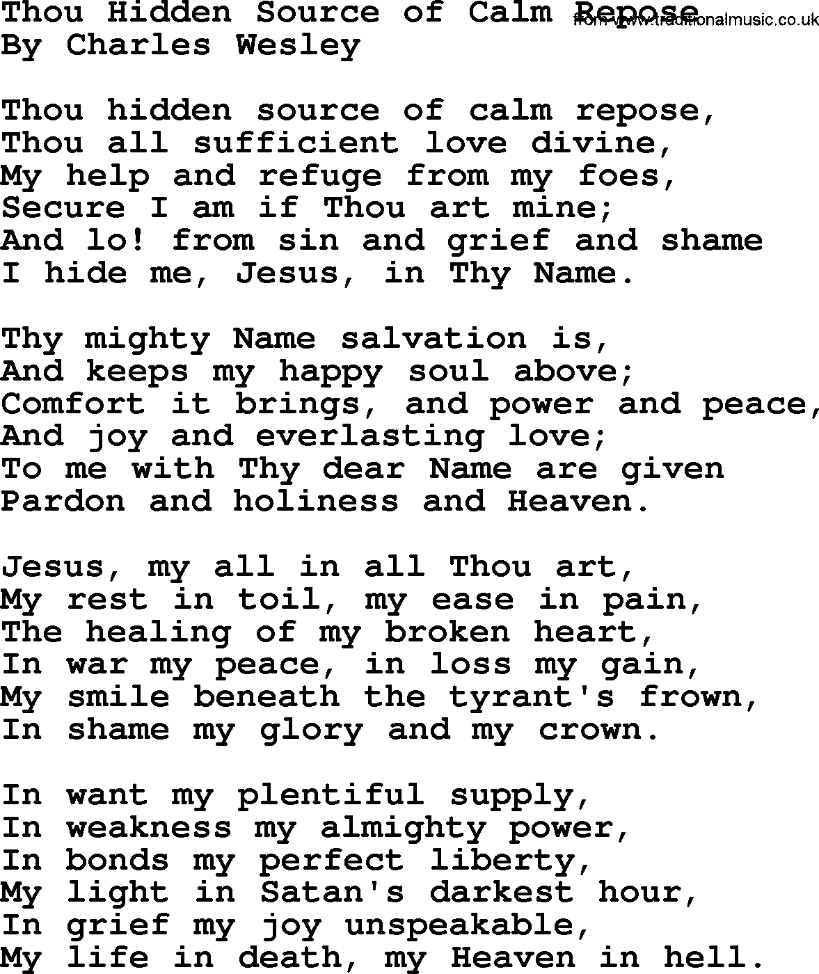 Charles Wesley hymn: Thou Hidden Source Of Calm Repose, lyrics