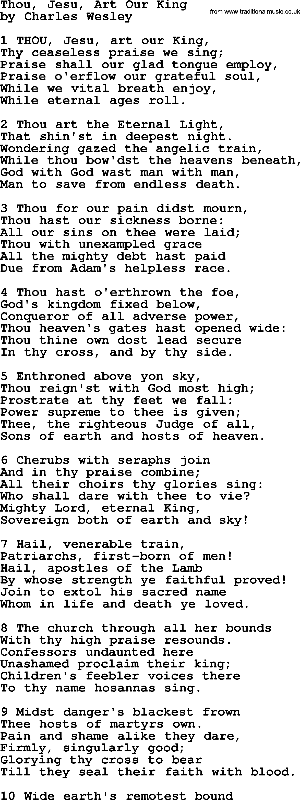 Charles Wesley hymn: Thou, Jesu, Art Our King, lyrics