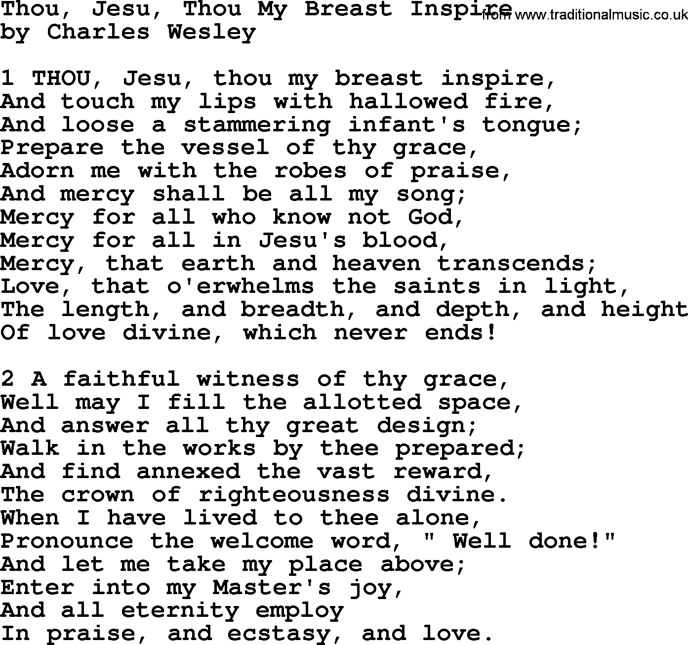 Charles Wesley hymn: Thou, Jesu, Thou My Breast Inspire, lyrics