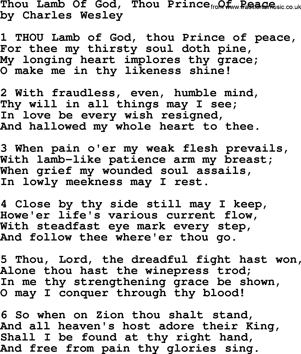 Charles Wesley hymn: Thou Lamb Of God, Thou Prince Of Peace, lyrics