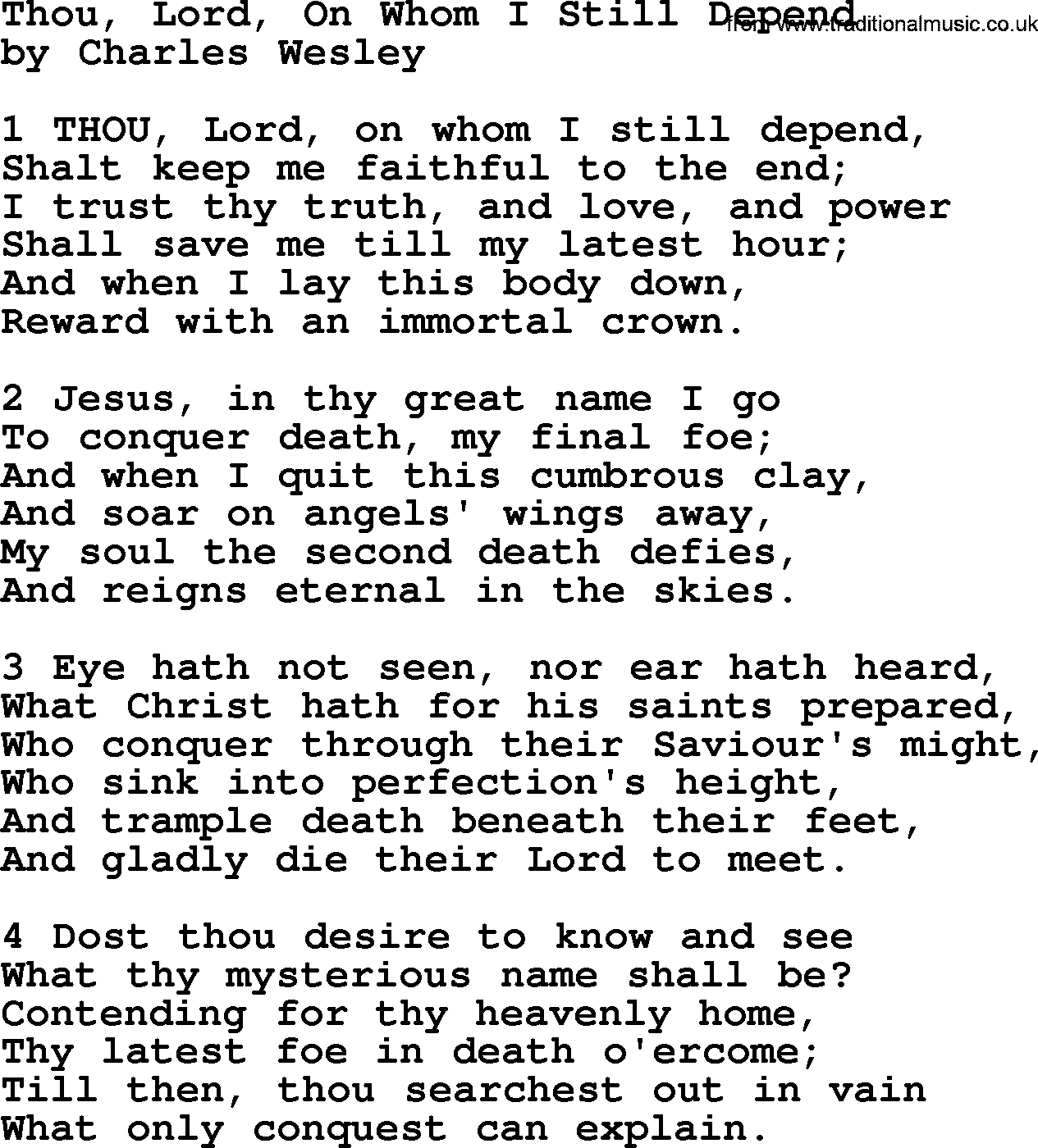 Charles Wesley hymn: Thou, Lord, On Whom I Still Depend, lyrics