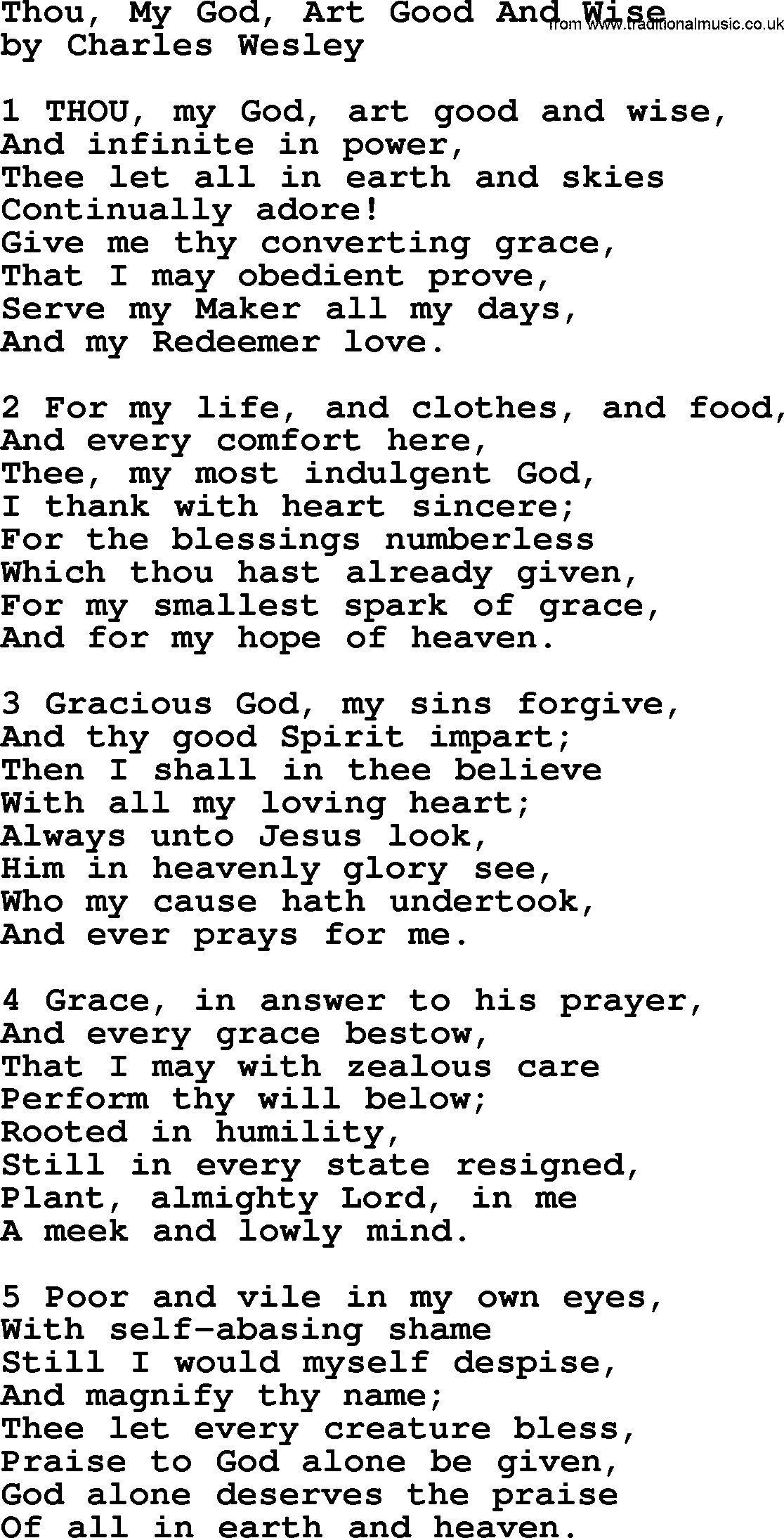 Charles Wesley hymn: Thou, My God, Art Good And Wise, lyrics