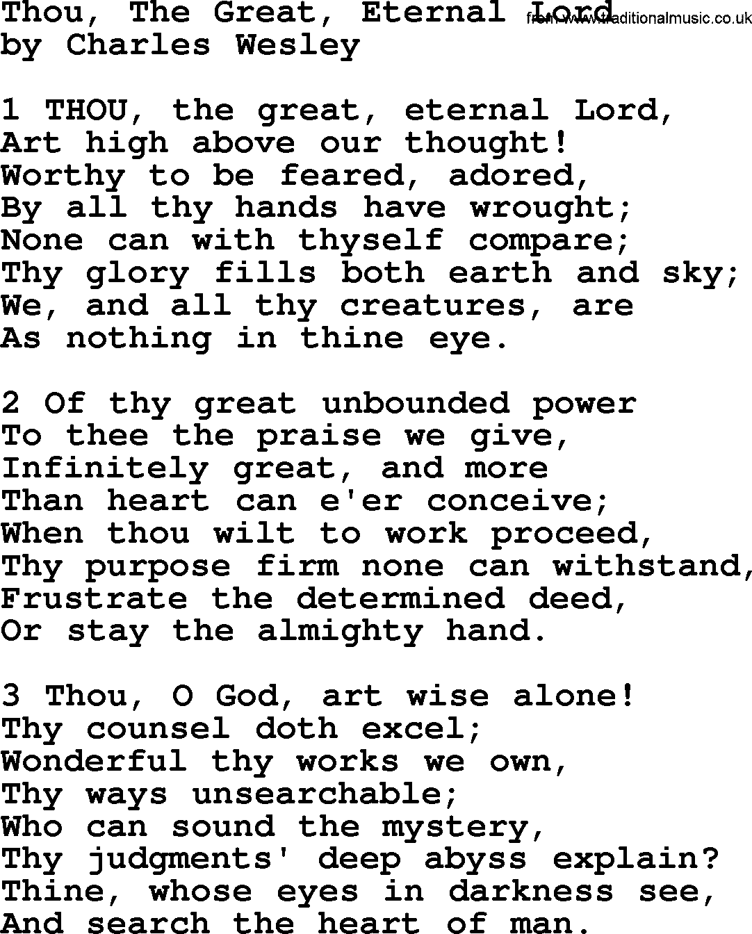 Charles Wesley hymn: Thou, The Great, Eternal Lord, lyrics