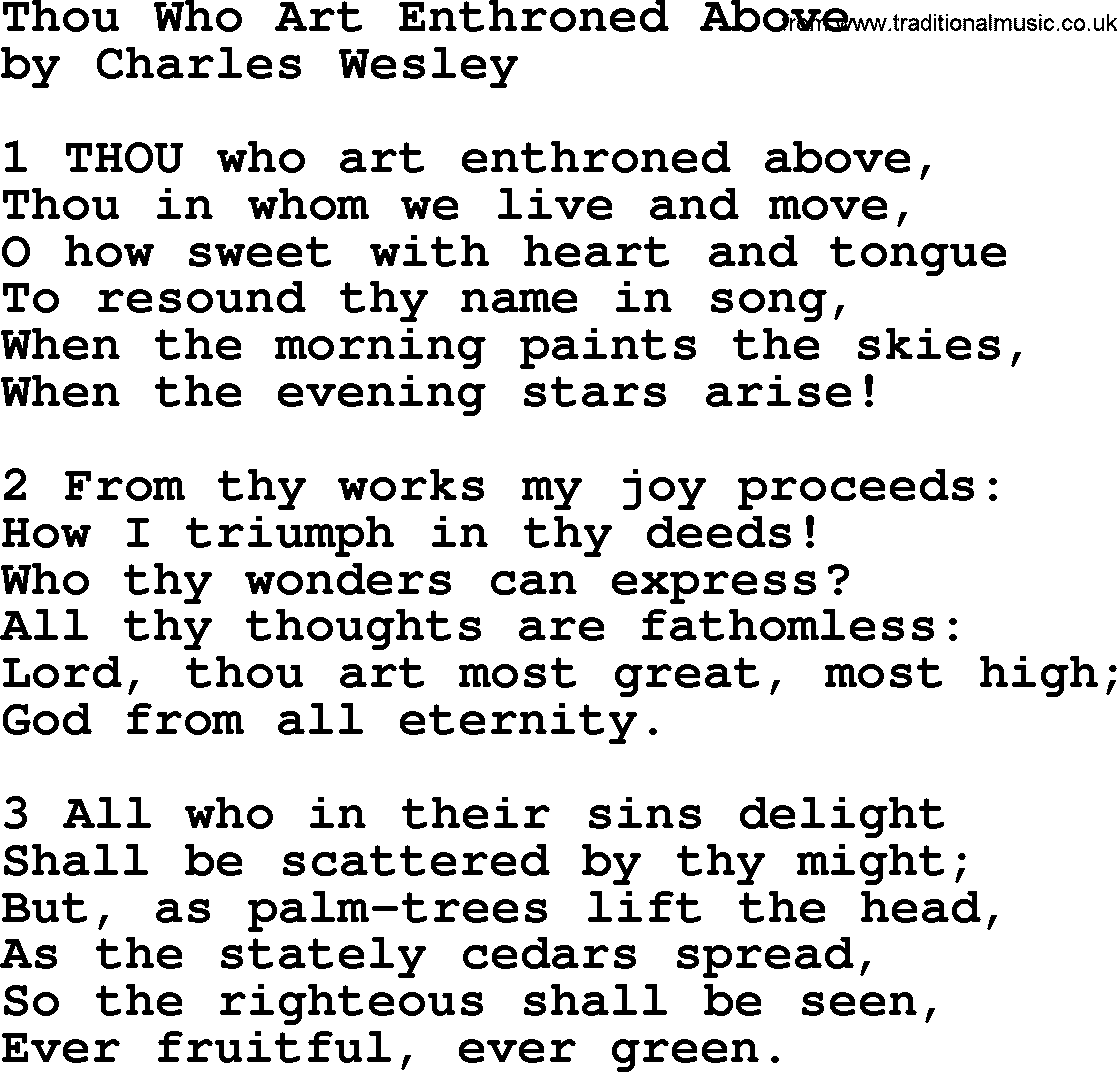 Charles Wesley hymn: Thou Who Art Enthroned Above, lyrics