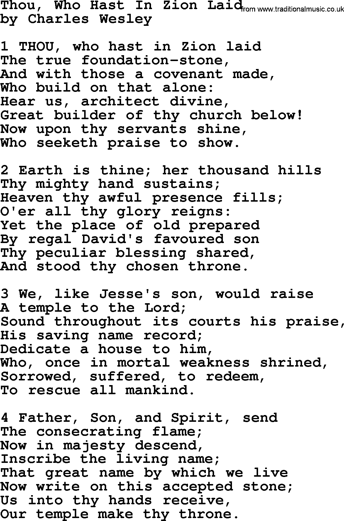 Charles Wesley hymn: Thou, Who Hast In Zion Laid, lyrics
