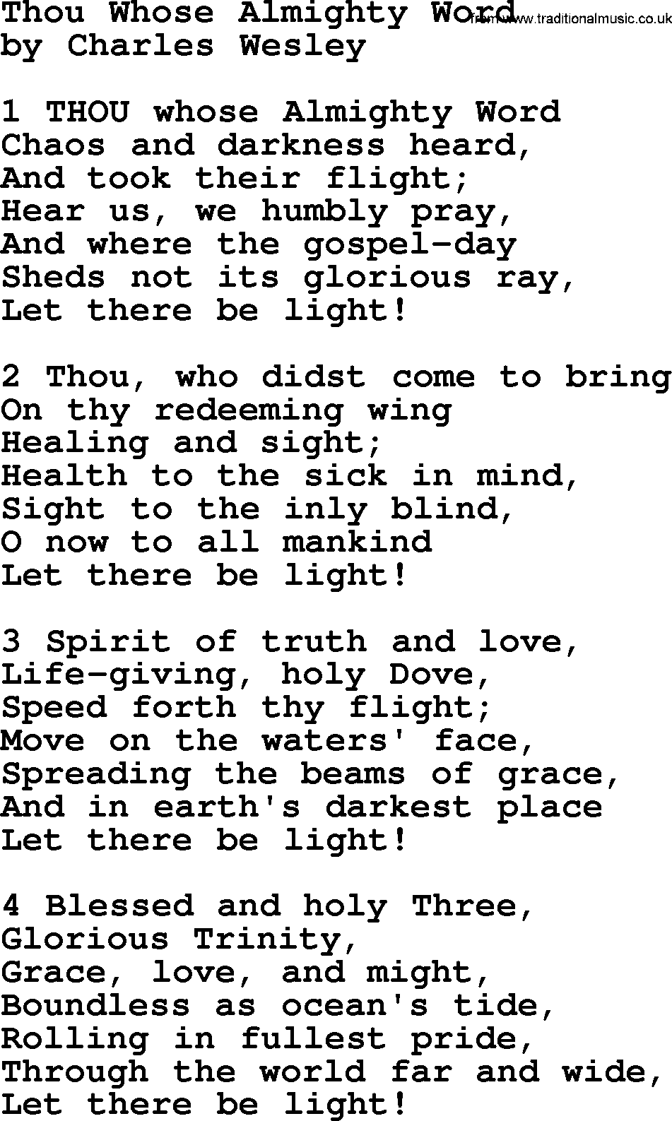 Charles Wesley hymn: Thou Whose Almighty Word, lyrics