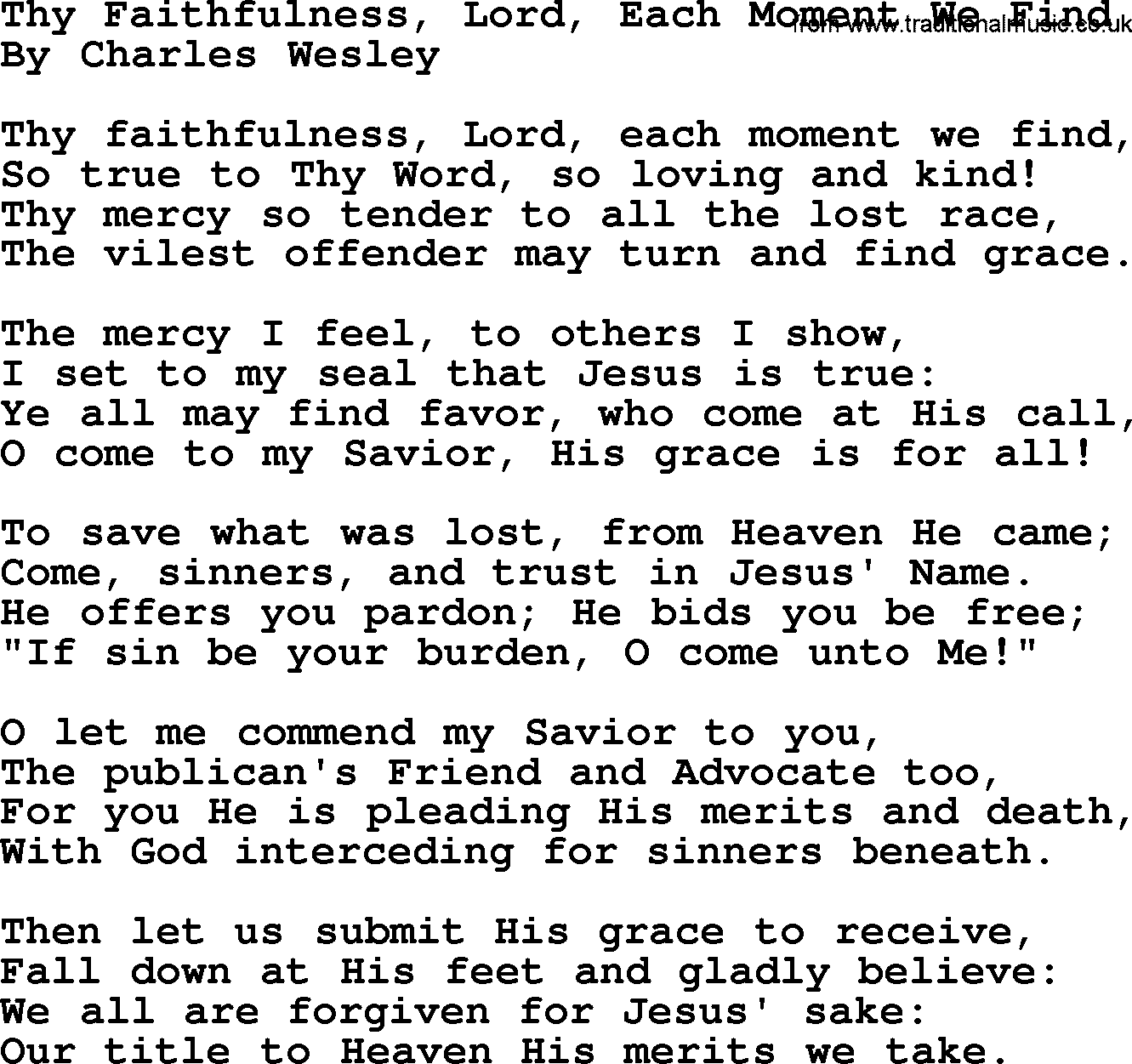 Charles Wesley hymn: Thy Faithfulness, Lord, Each Moment We Find, lyrics