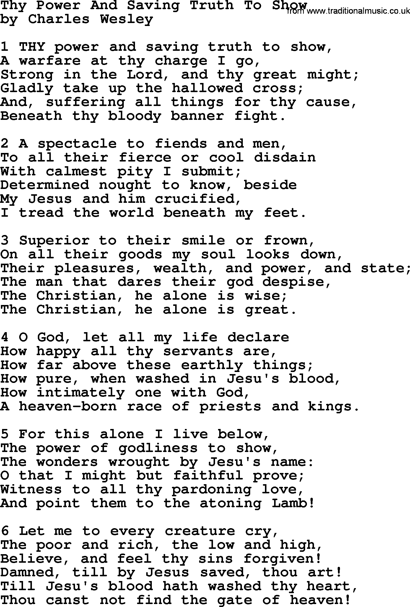 Charles Wesley hymn: Thy Power And Saving Truth To Show, lyrics