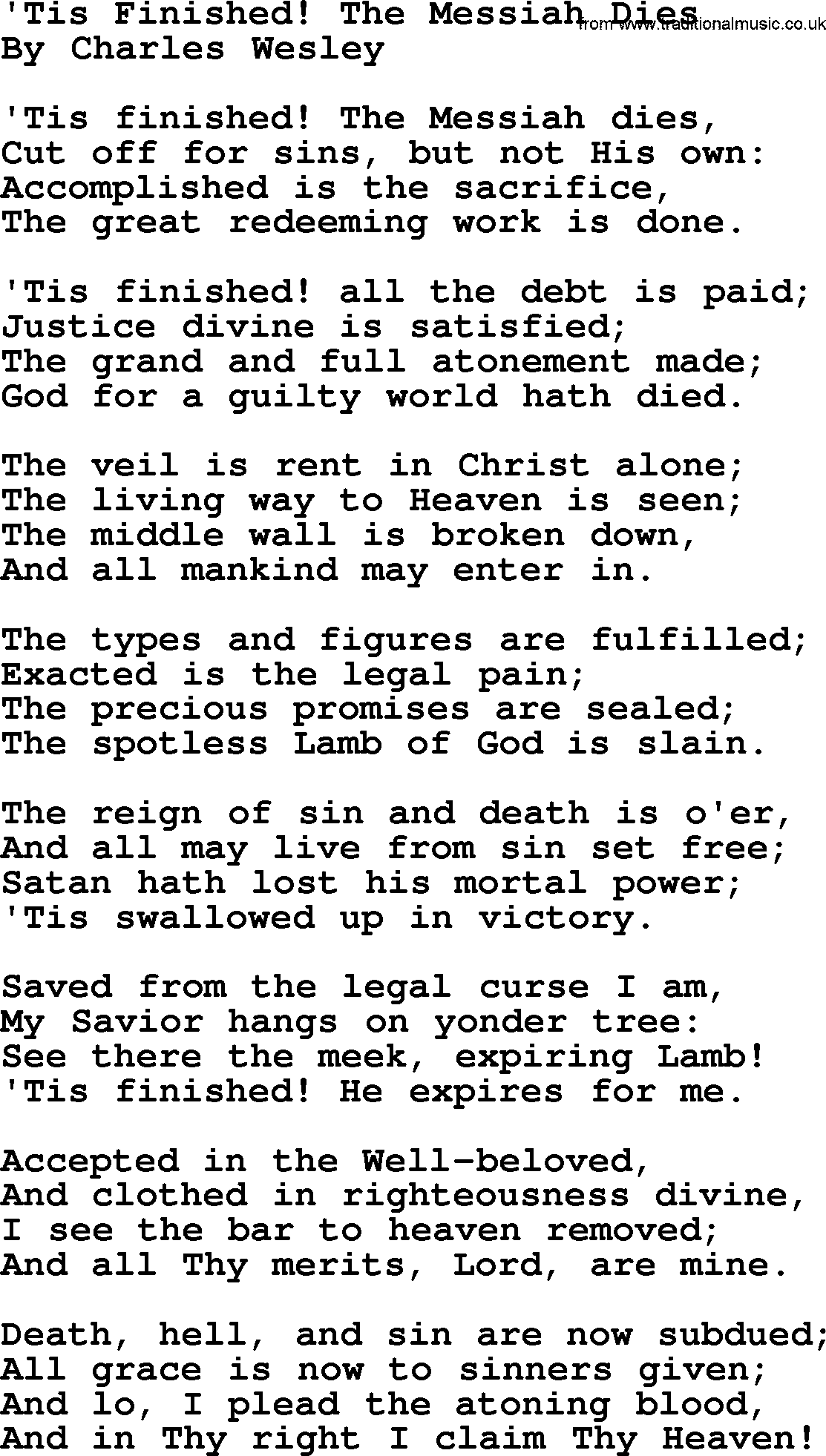 Charles Wesley hymn: Tis Finished! The Messiah Dies, lyrics