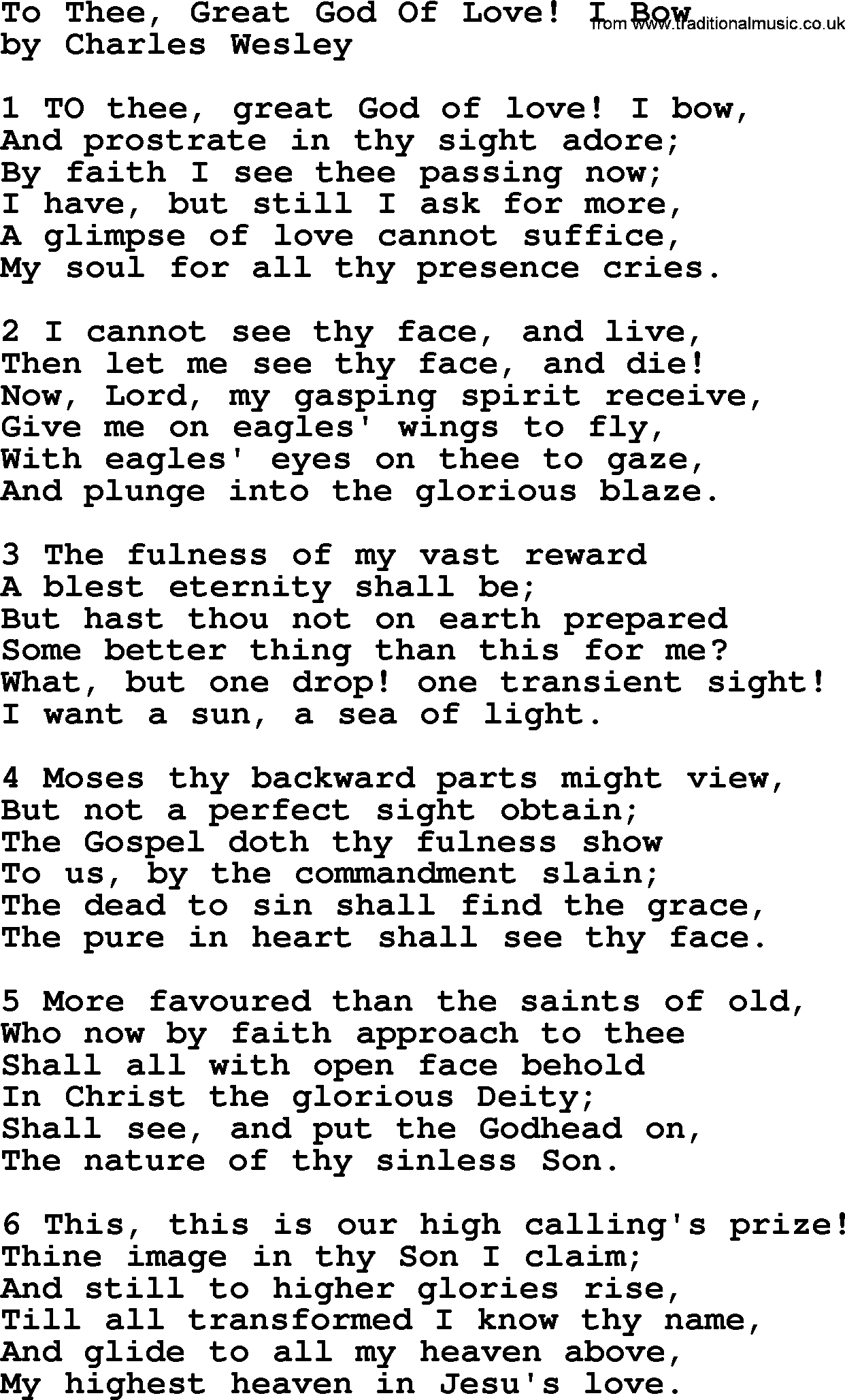 Charles Wesley hymn: To Thee, Great God Of Love! I Bow, lyrics