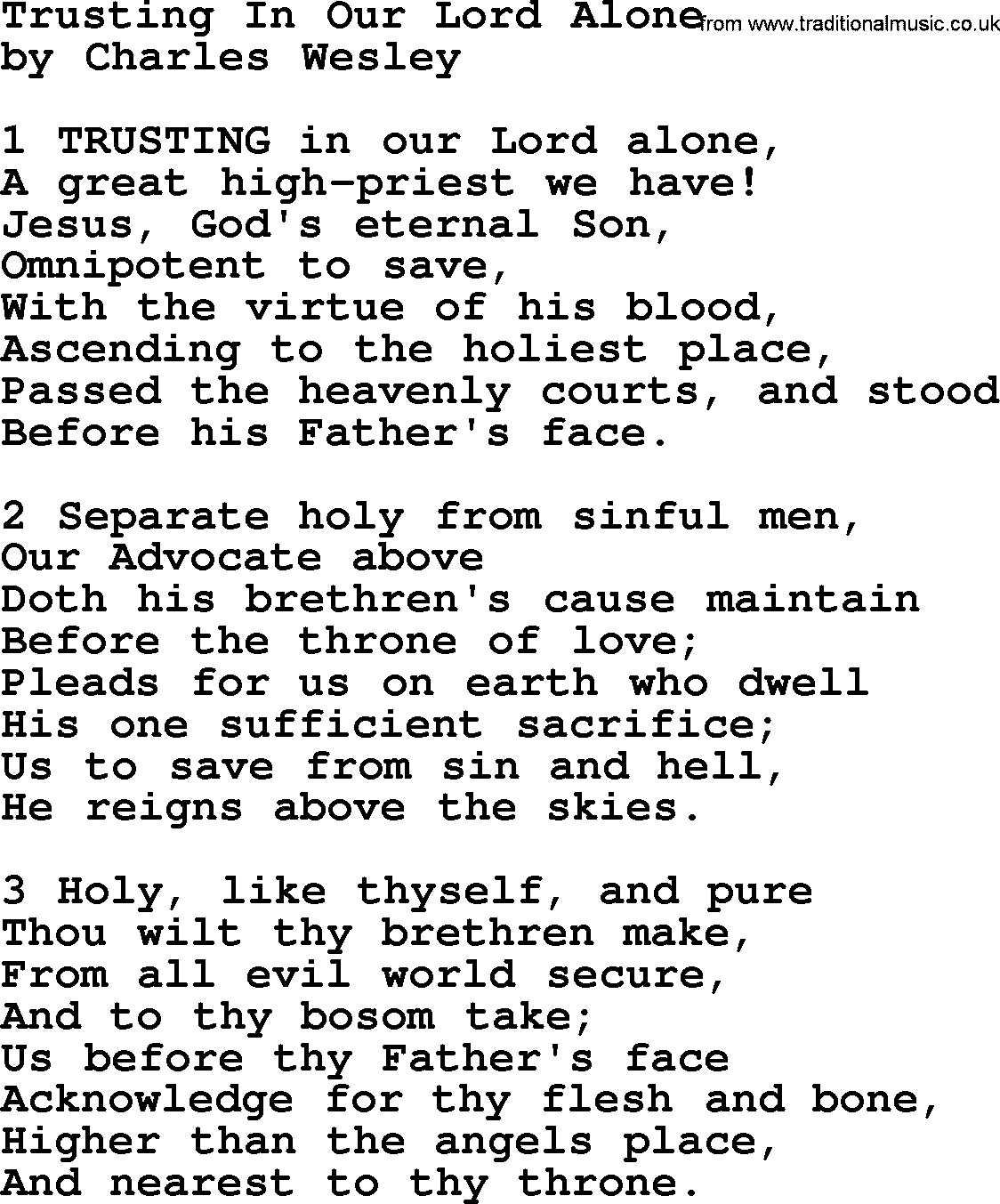 Charles Wesley hymn: Trusting In Our Lord Alone, lyrics