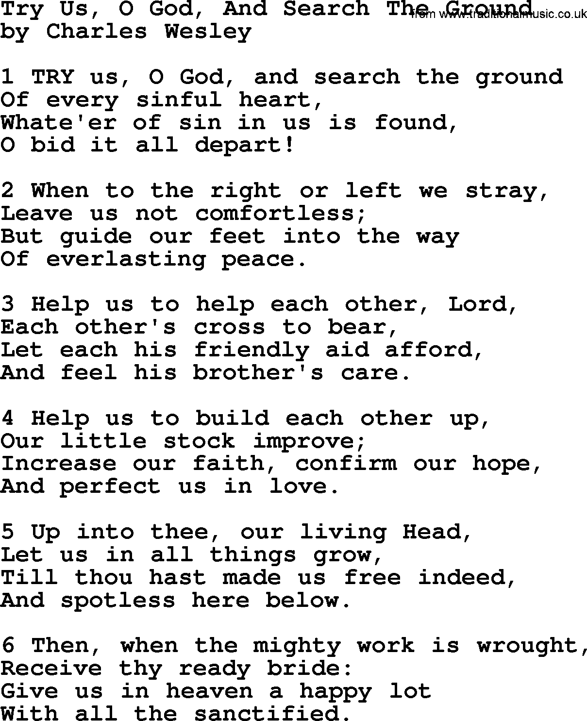 Charles Wesley hymn: Try Us, O God, And Search The Ground, lyrics