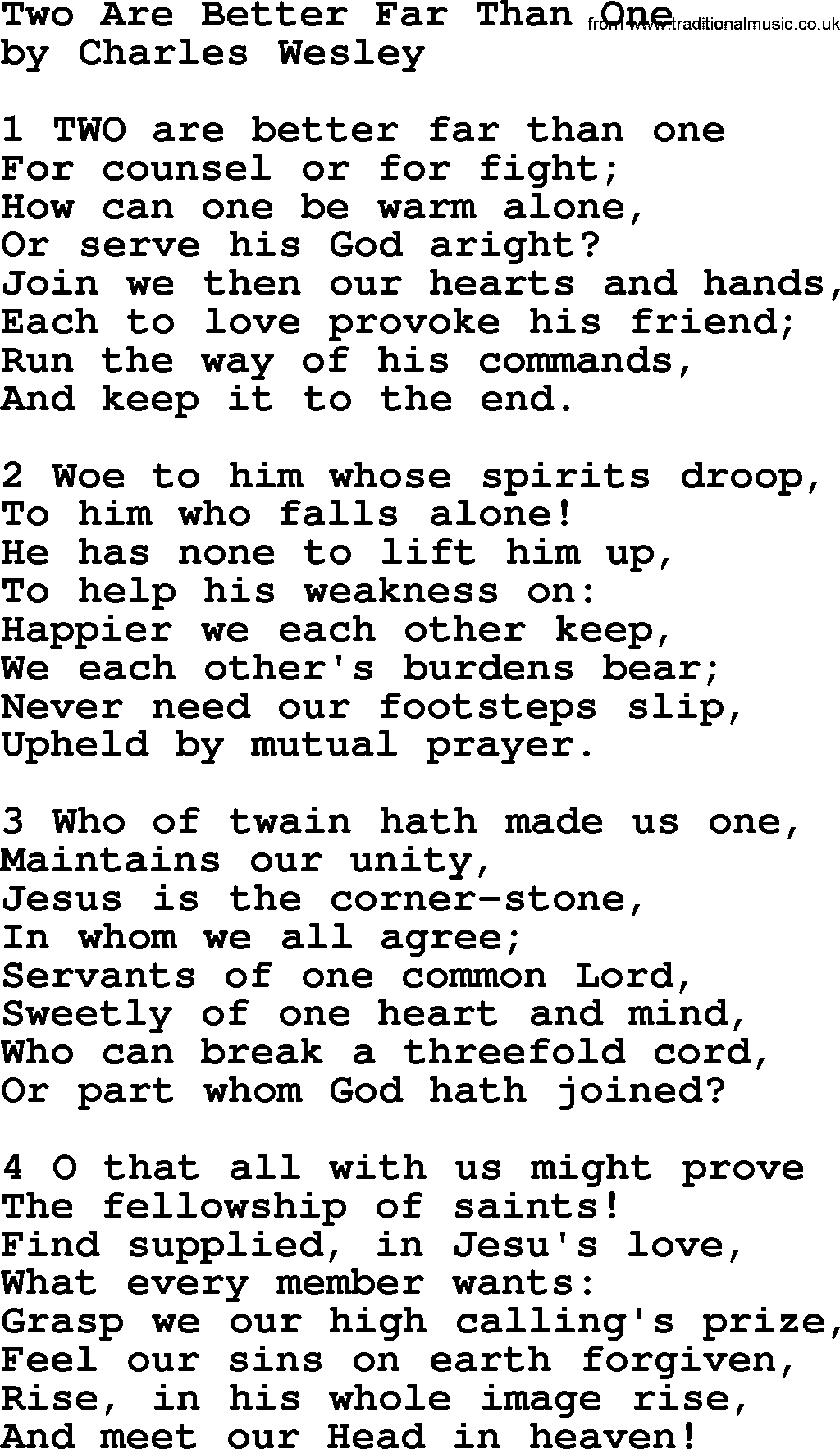 Charles Wesley hymn: Two Are Better Far Than One, lyrics