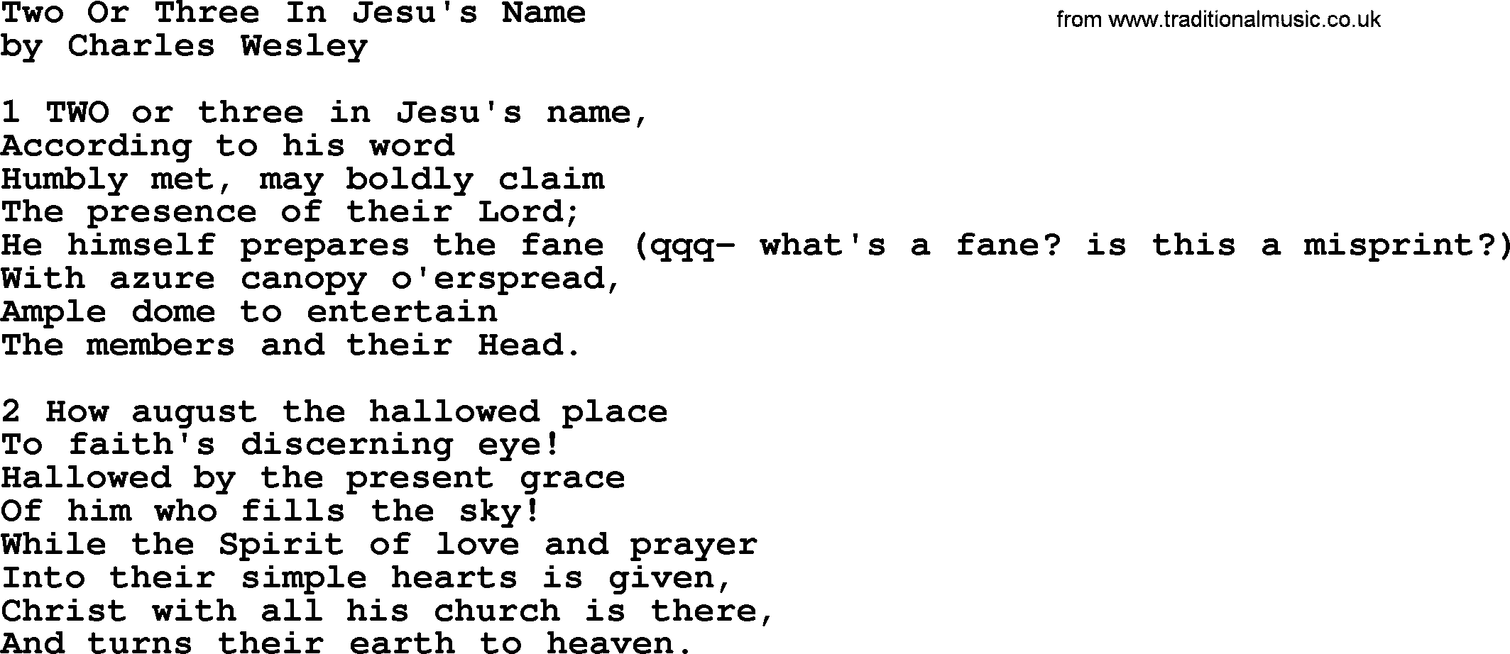 Charles Wesley hymn: Two Or Three In Jesu's Name, lyrics
