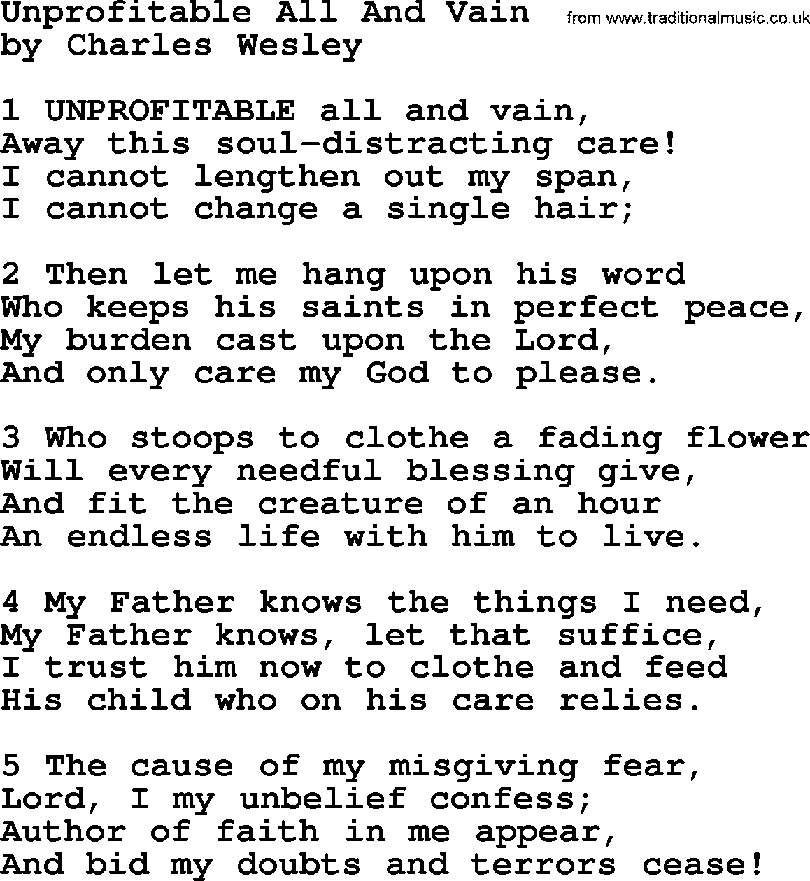 Charles Wesley hymn: Unprofitable All And Vain, lyrics
