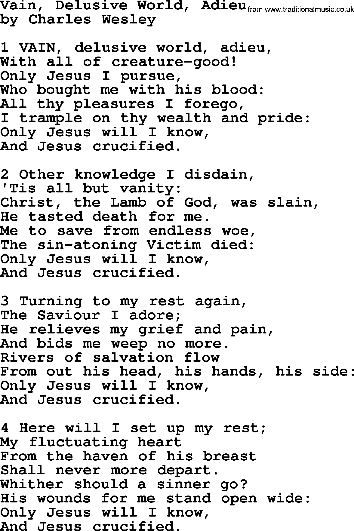 Charles Wesley hymn: Vain, Delusive World, Adieu, lyrics