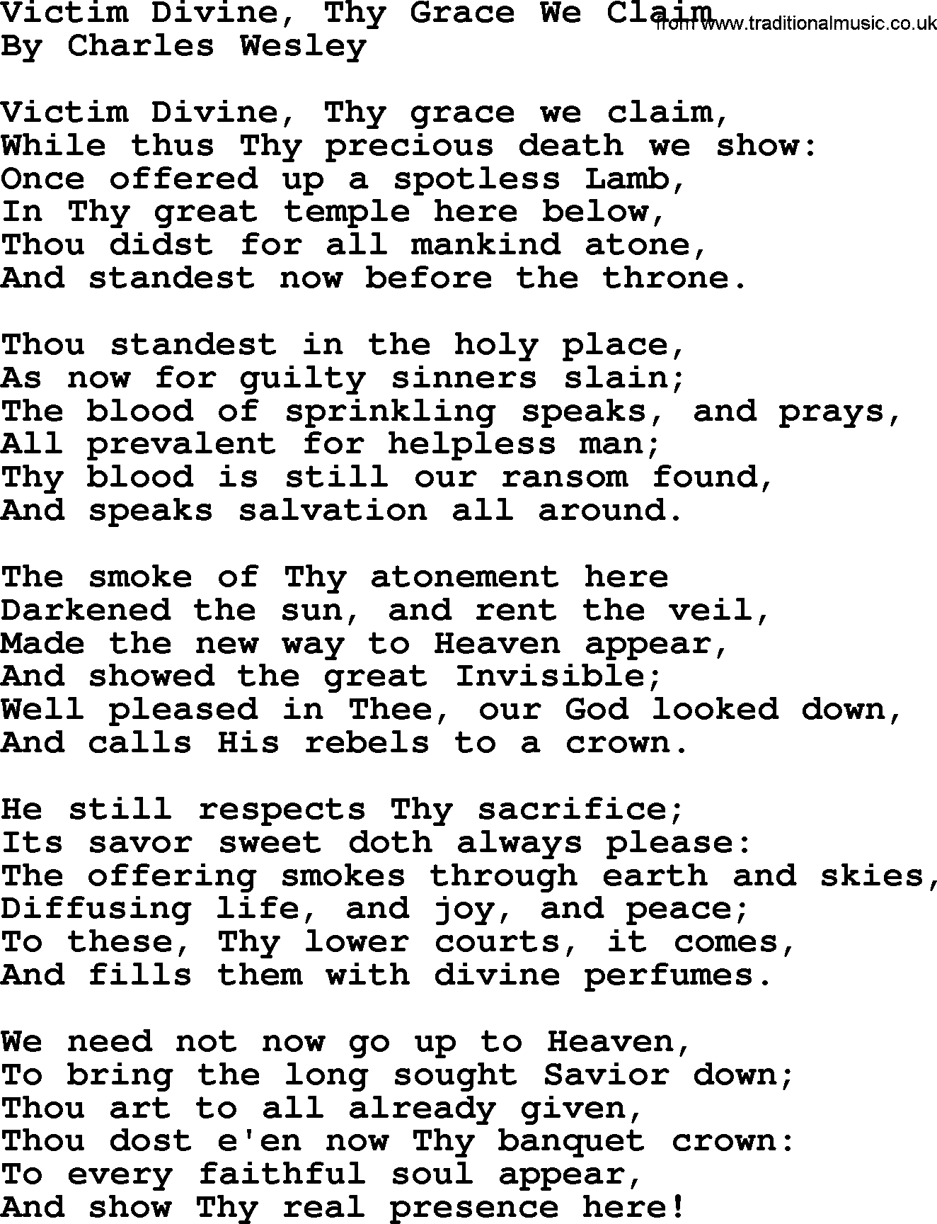 Charles Wesley hymn: Victim Divine, Thy Grace We Claim, lyrics