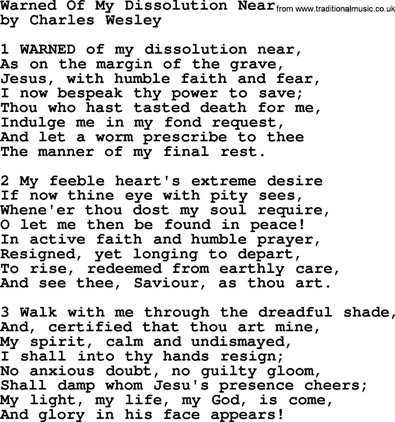 Charles Wesley hymn: Warned Of My Dissolution Near, lyrics