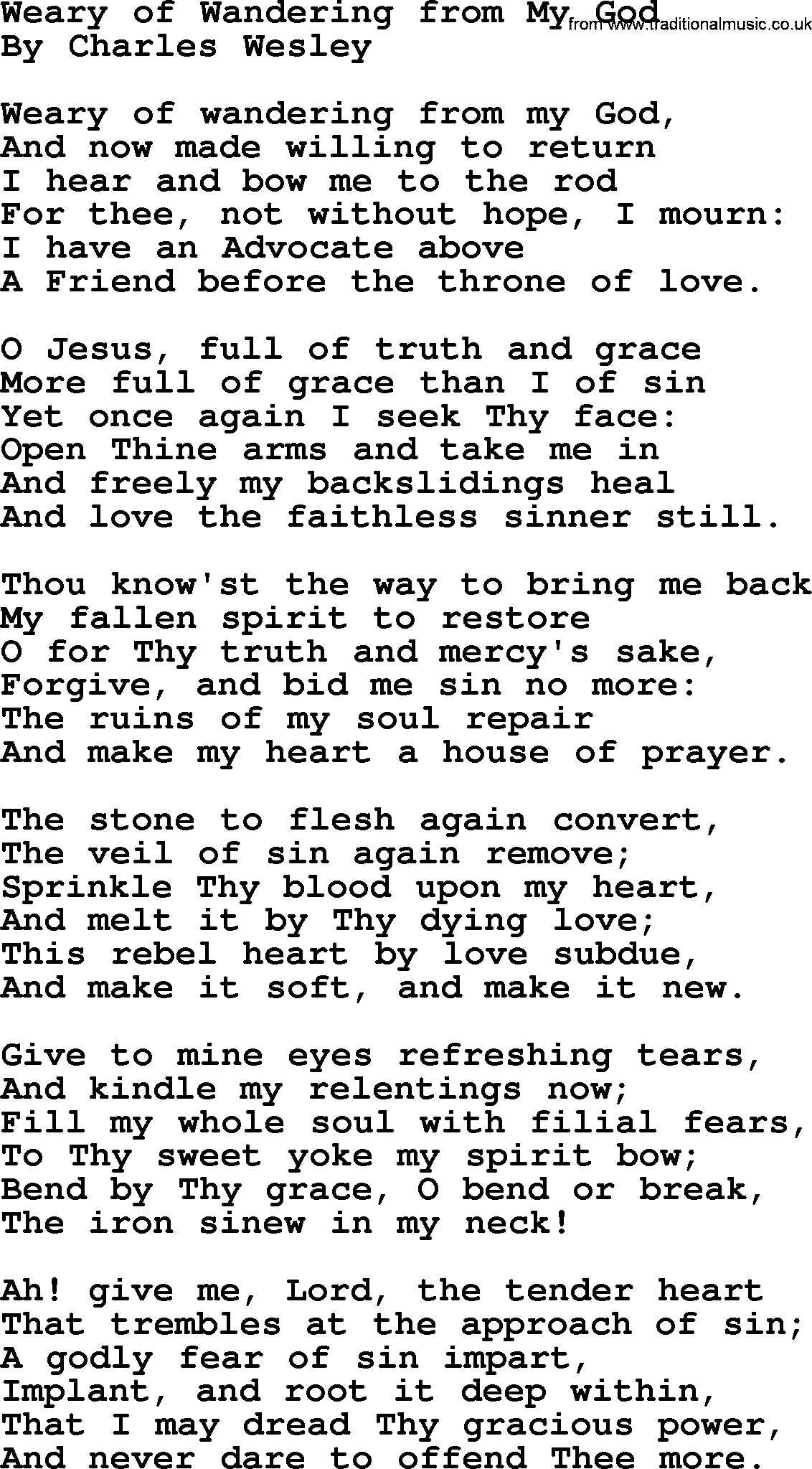 Charles Wesley hymn: Weary Of Wandering From My God, lyrics
