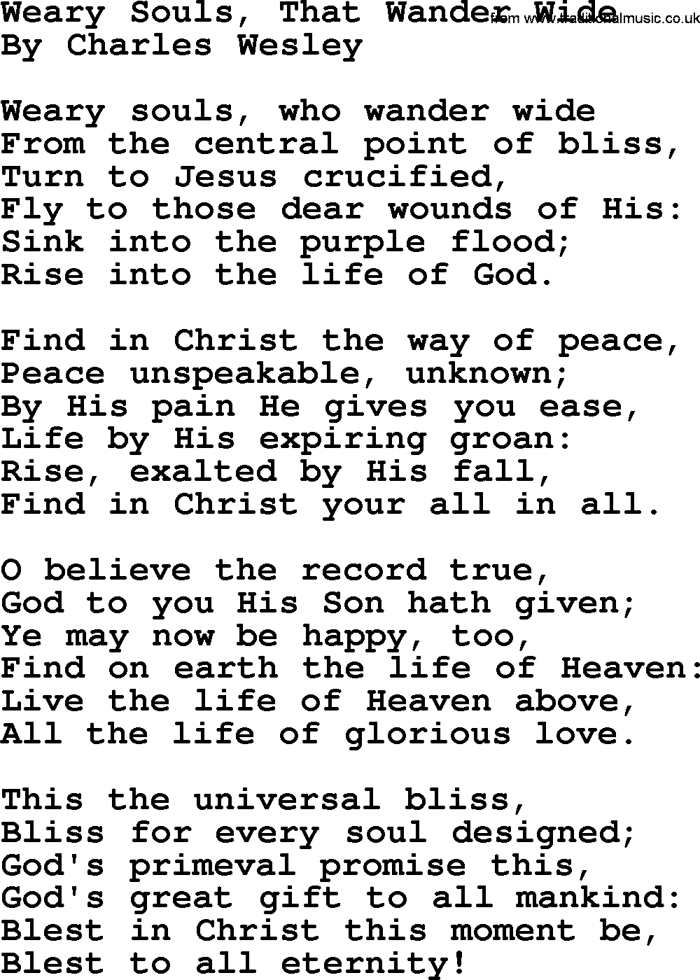 Charles Wesley hymn: Weary Souls, That Wander Wide, lyrics