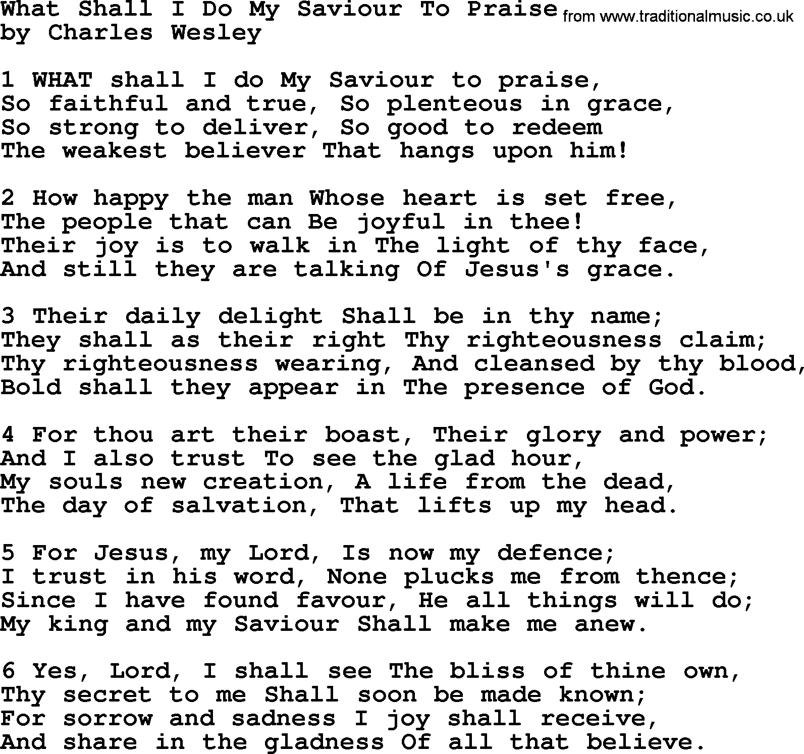 Charles Wesley hymn: What Shall I Do My Saviour To Praise, lyrics