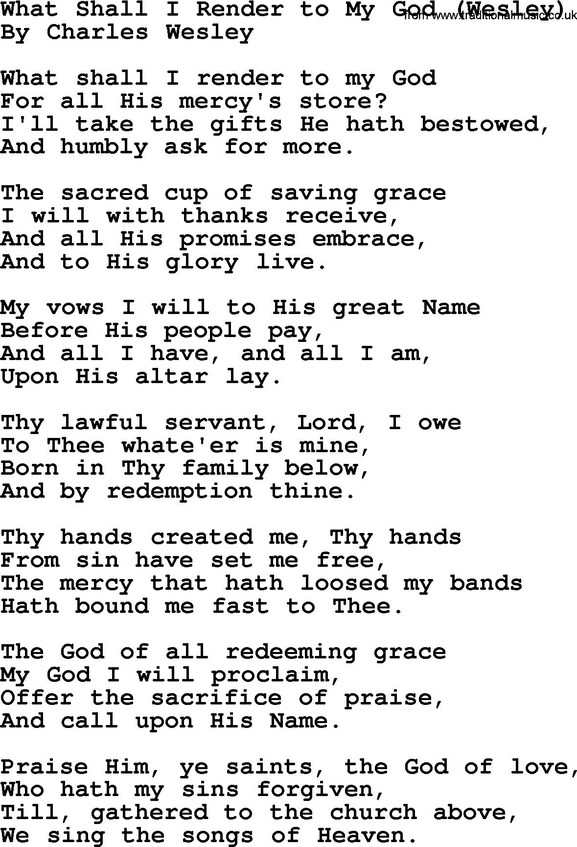 Charles Wesley hymn: What Shall I Render to My God (Wesley), lyrics
