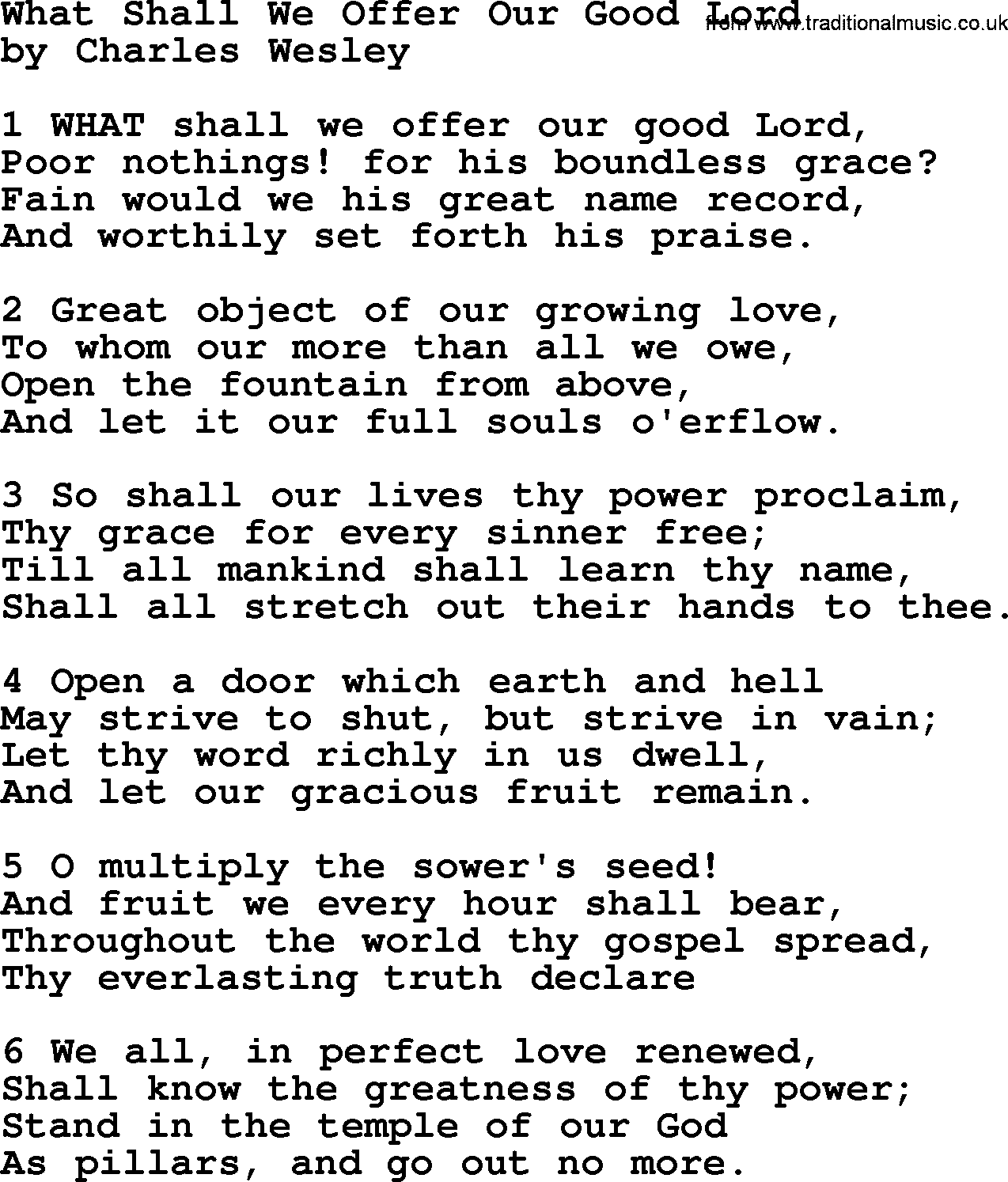Charles Wesley hymn: What Shall We Offer Our Good Lord, lyrics