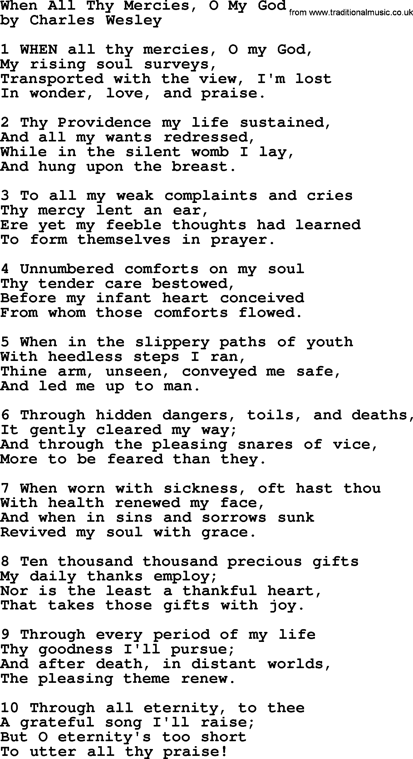 Charles Wesley hymn: When All Thy Mercies, O My God, lyrics