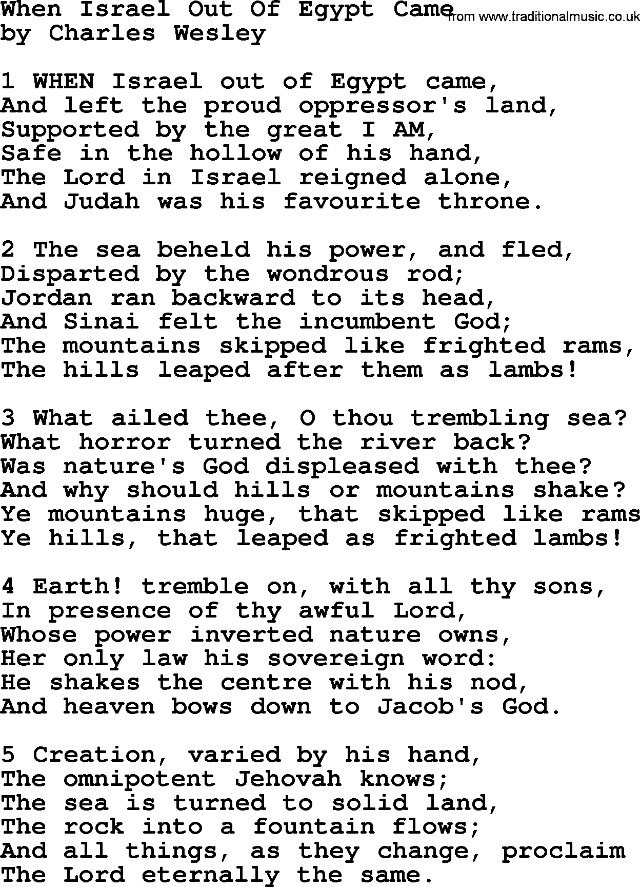 Charles Wesley hymn: When Israel Out Of Egypt Came, lyrics