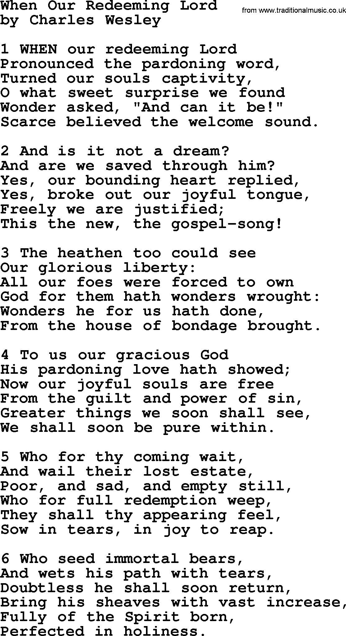 Charles Wesley hymn: When Our Redeeming Lord, lyrics